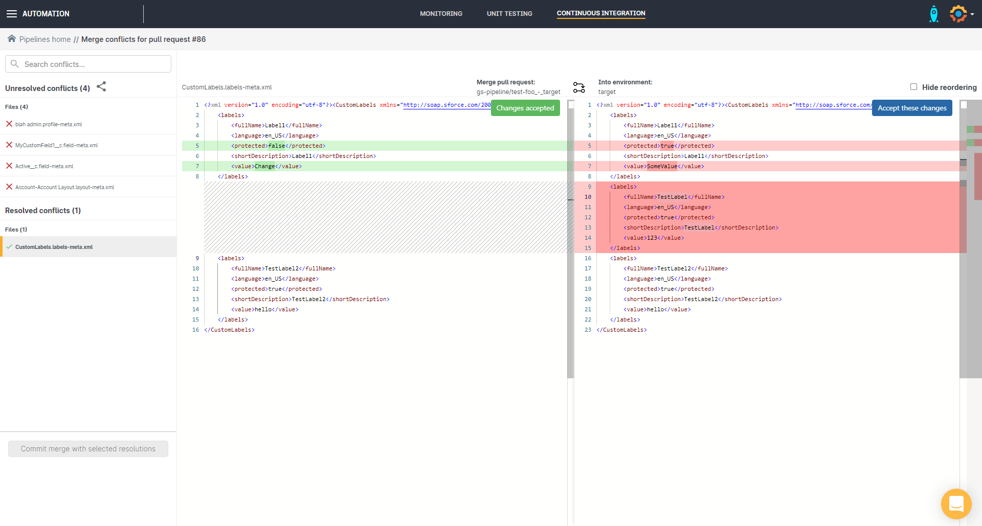 Resolve merge conflicts in Gearset