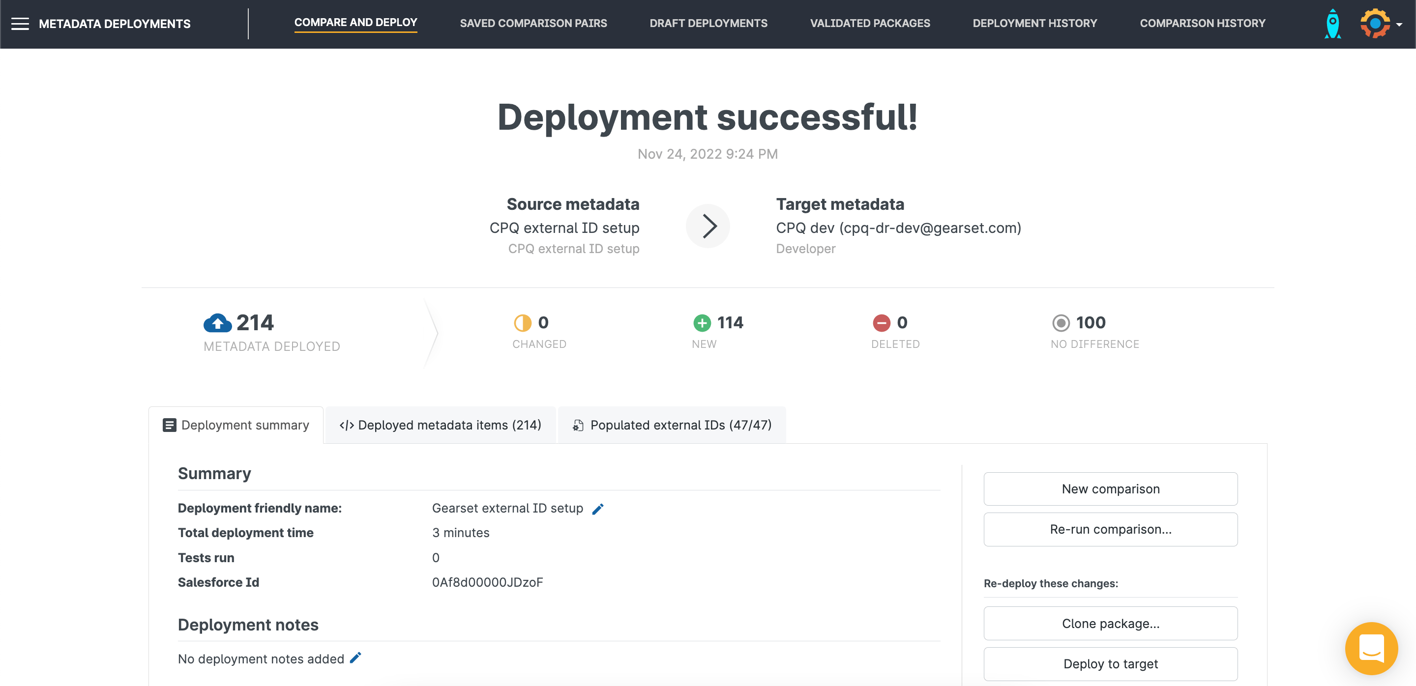 Gearset for CPQ screenshot: deployment success page