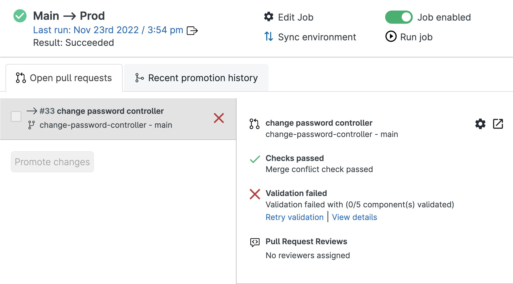 Screenshot of automatic PR validation in pipelines view