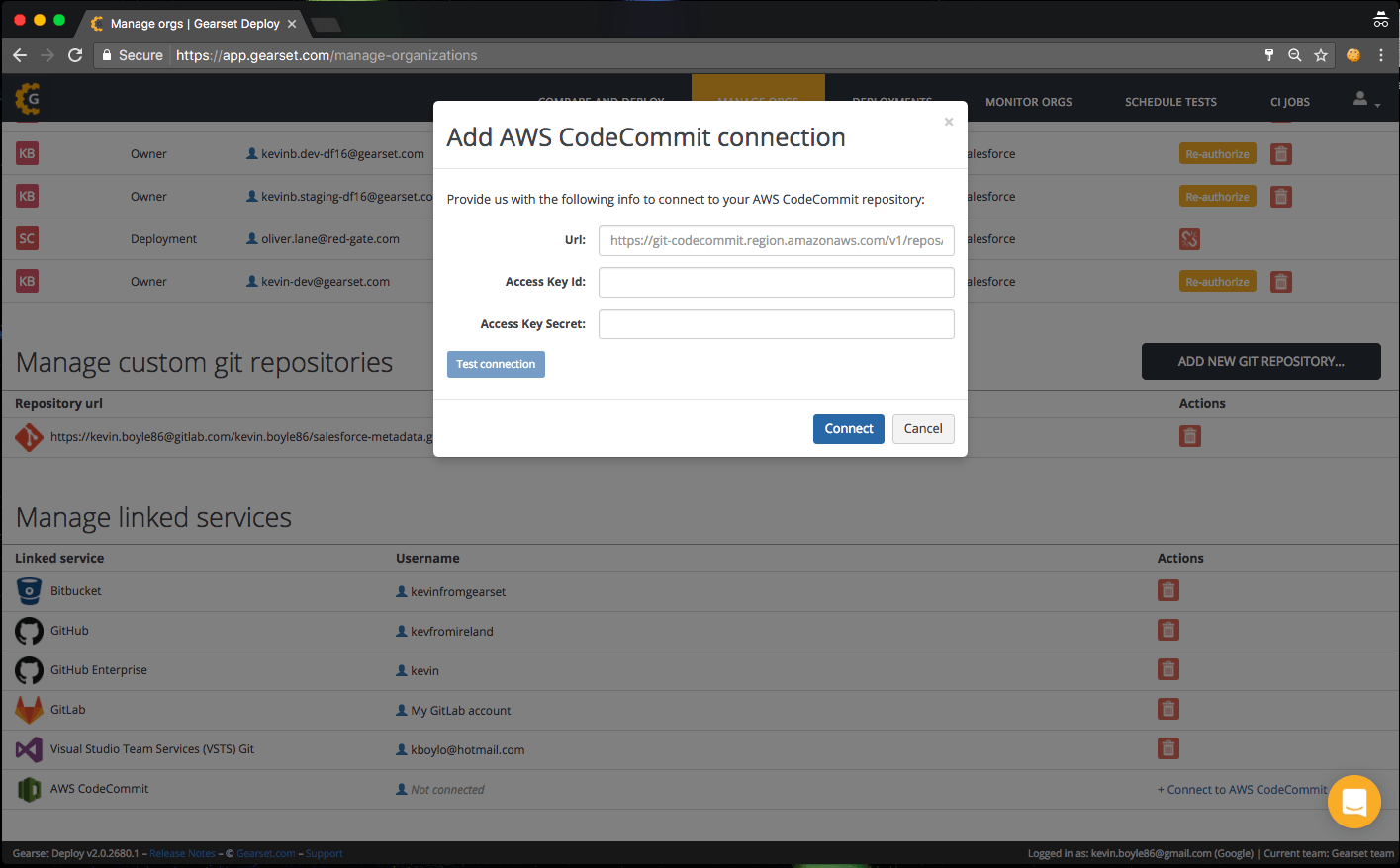Adding AWS CodeCommit to Gearset