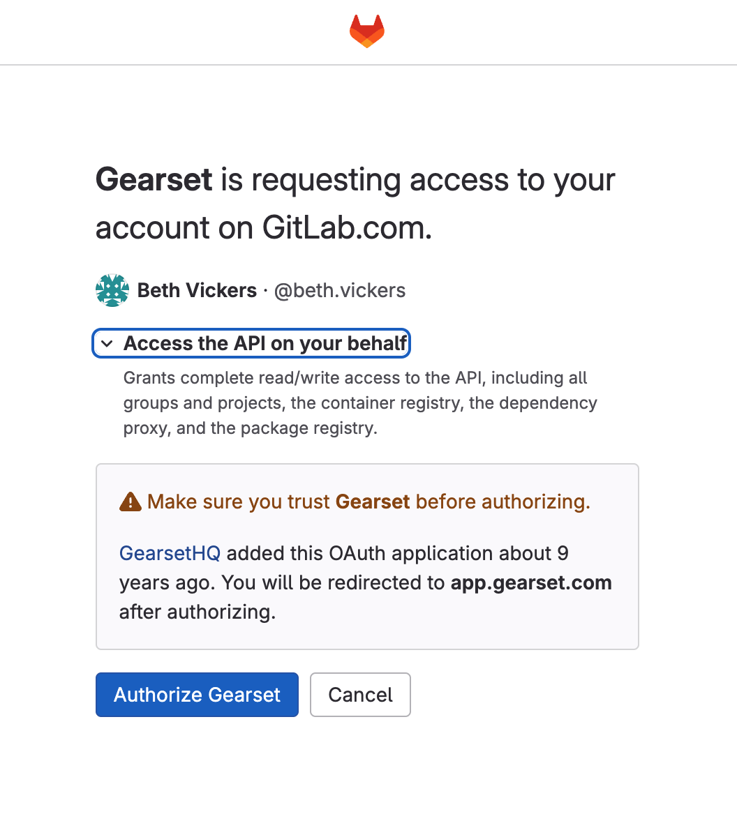 Authorize Gearset via GitLab’s OAuth page for authentication