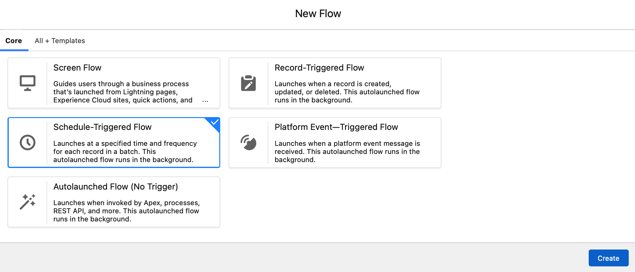 The options given to you in Salesforce for selecting a type of flow