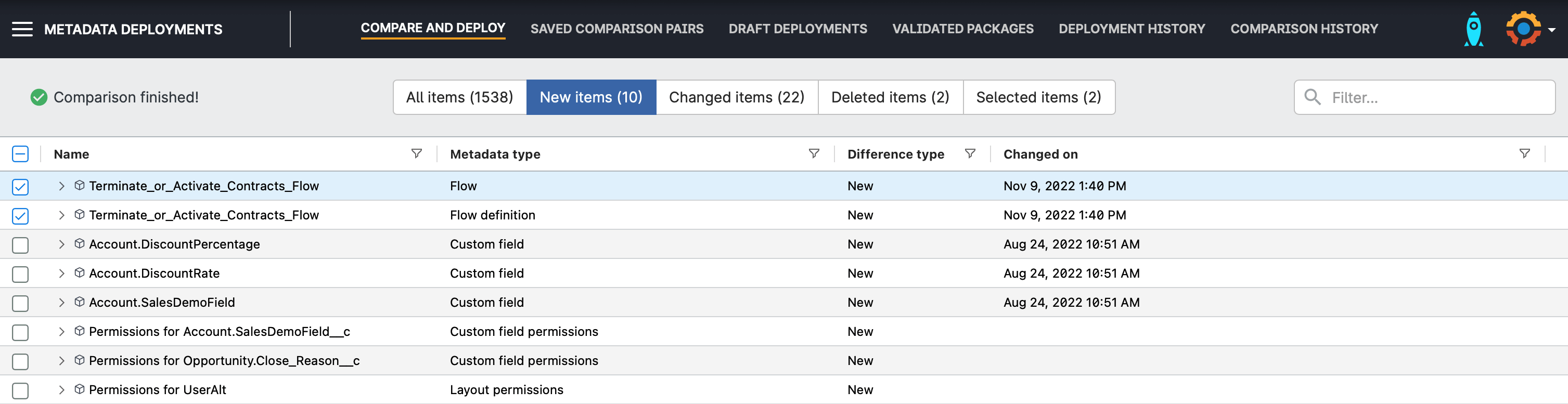 Select your new schedule-triggered flow in the Gearset comparison screen to deploy