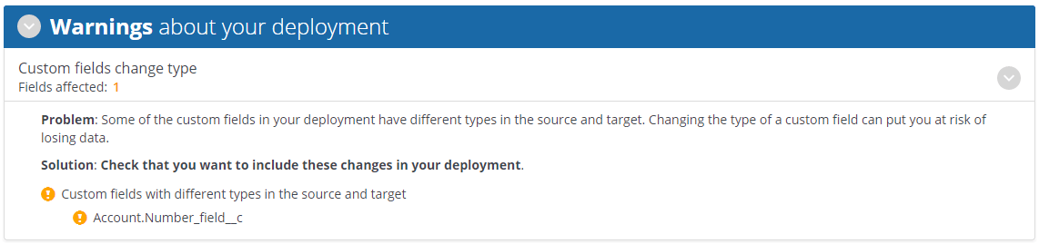 Analysis results page showing a warning when a custom field has a different type in the source and target