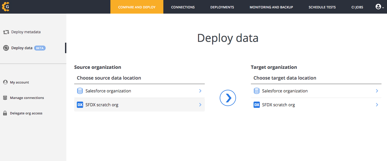 Select SFDX scratch org as either your source or target
