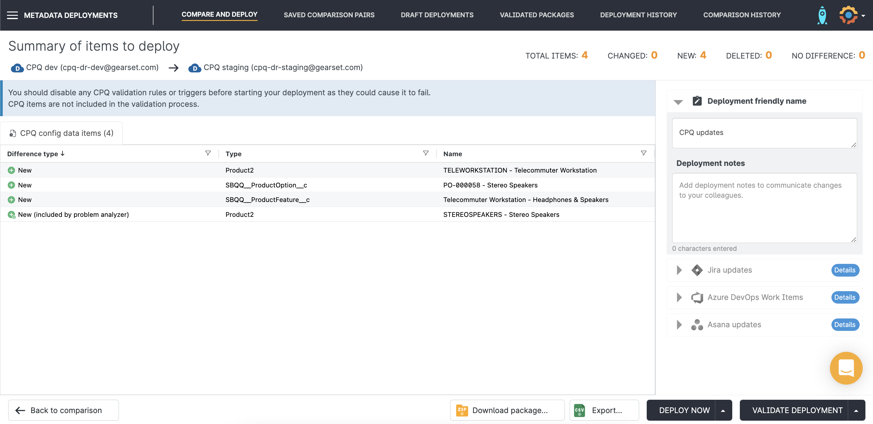 Gearset’s pre-deployment summary page shows all components included in your deployment package