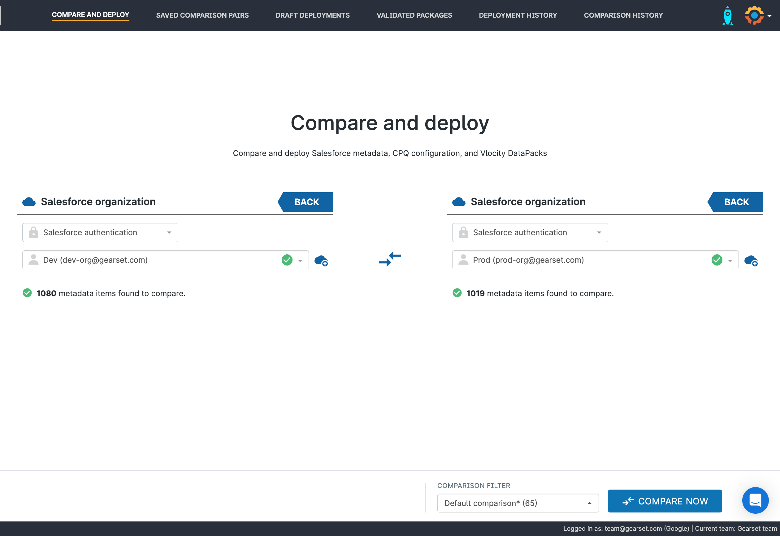 Screen showing the selection of source and target org within Gearset's compare and deploy workflow for your Einstein bot deployment.