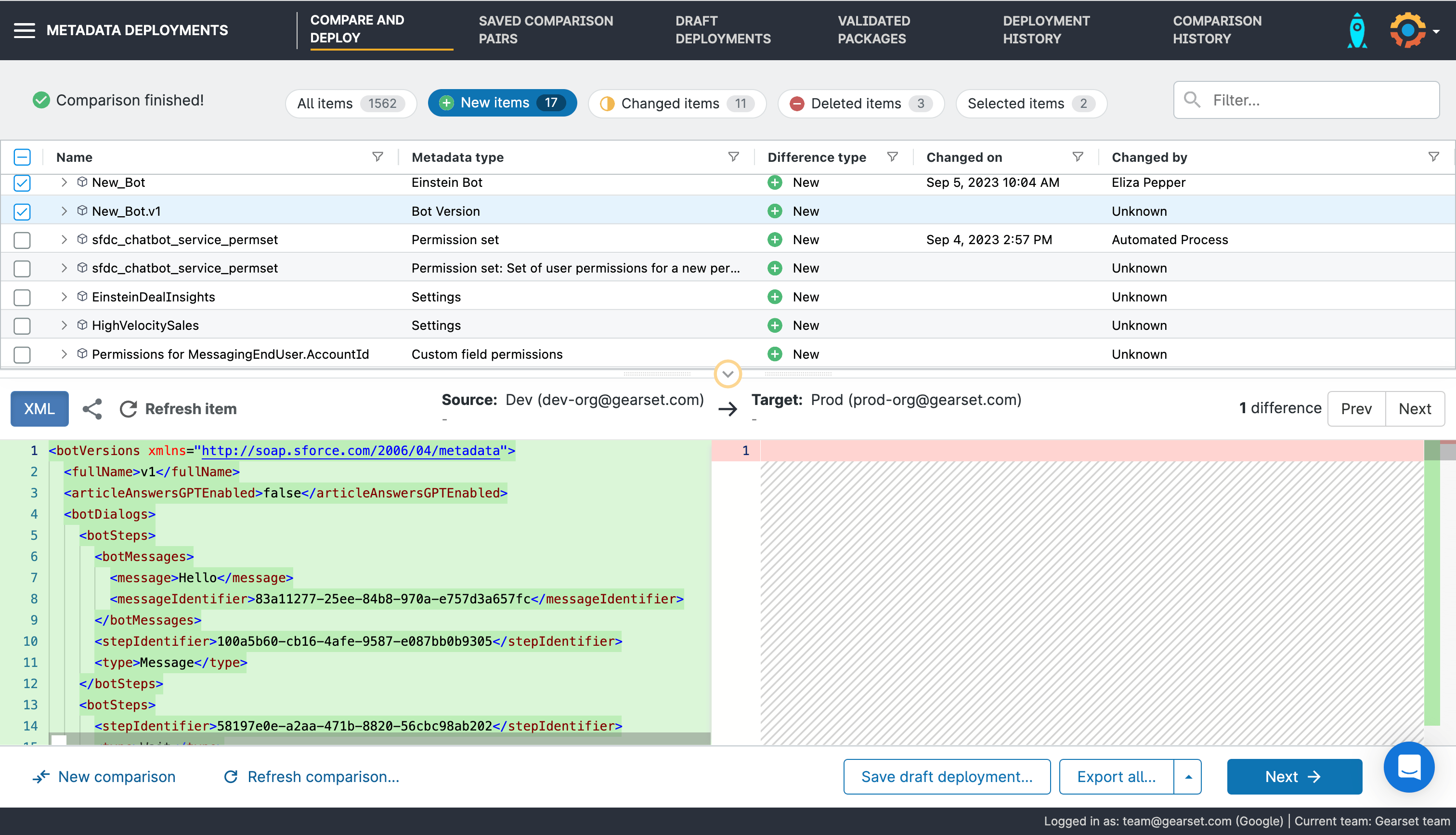Screen showing Einstein bot highlighted as a new metadata type within Gearset's smart comparison engine.