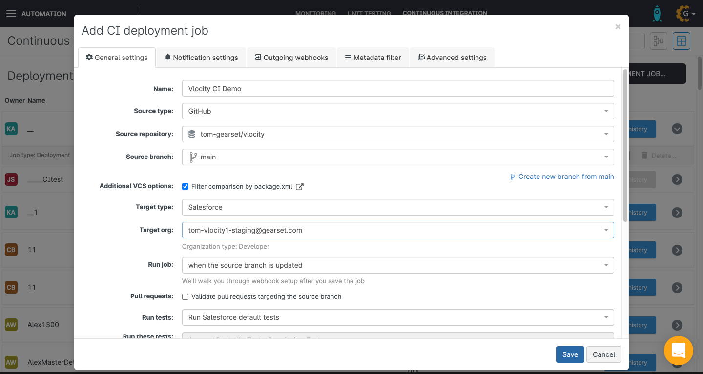 Add a CI deployment job from a chosen branch in a GitHub repository to a Salesforce org