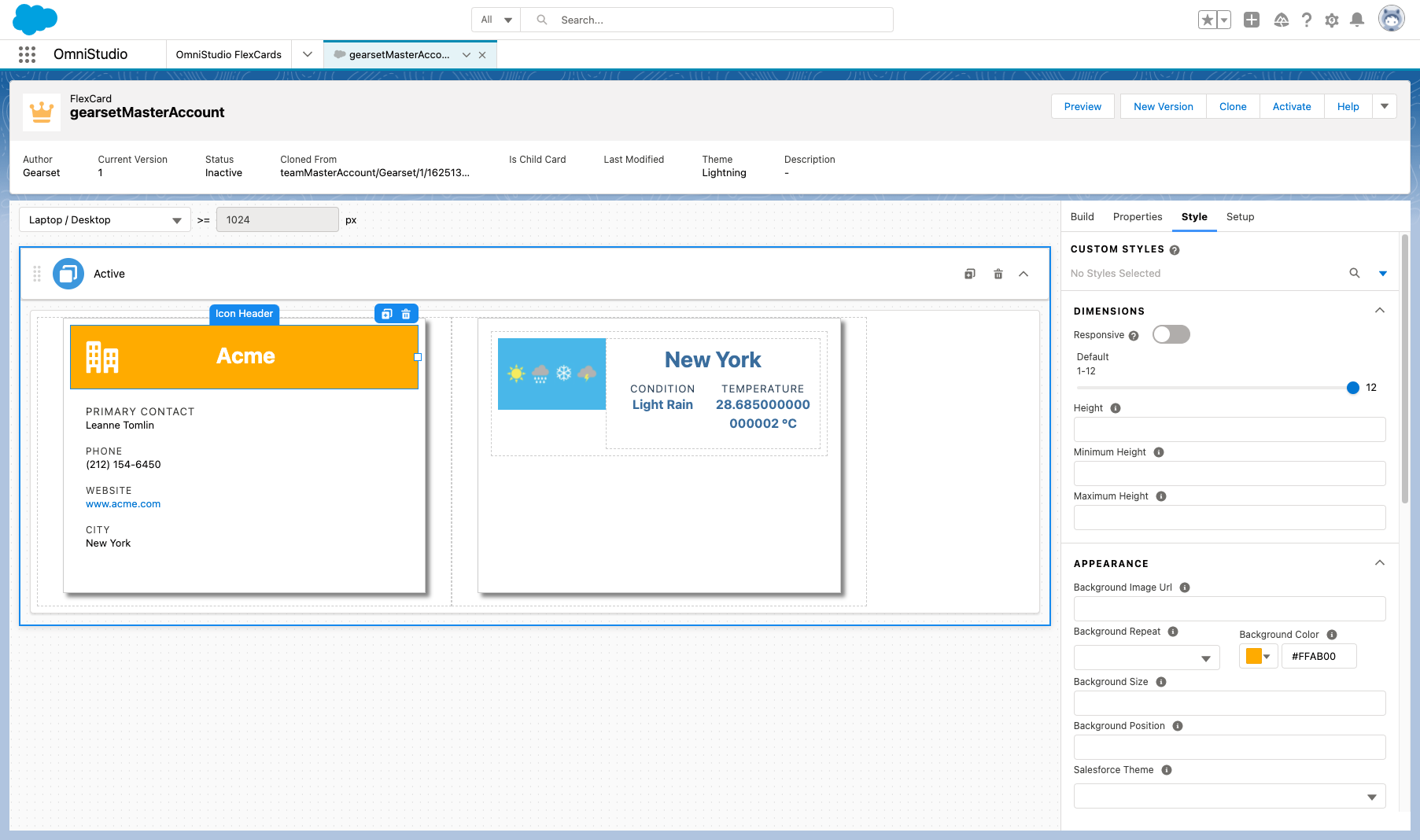 Change the background color of a FlexCard in OmniStudio within our Salesforce developer org