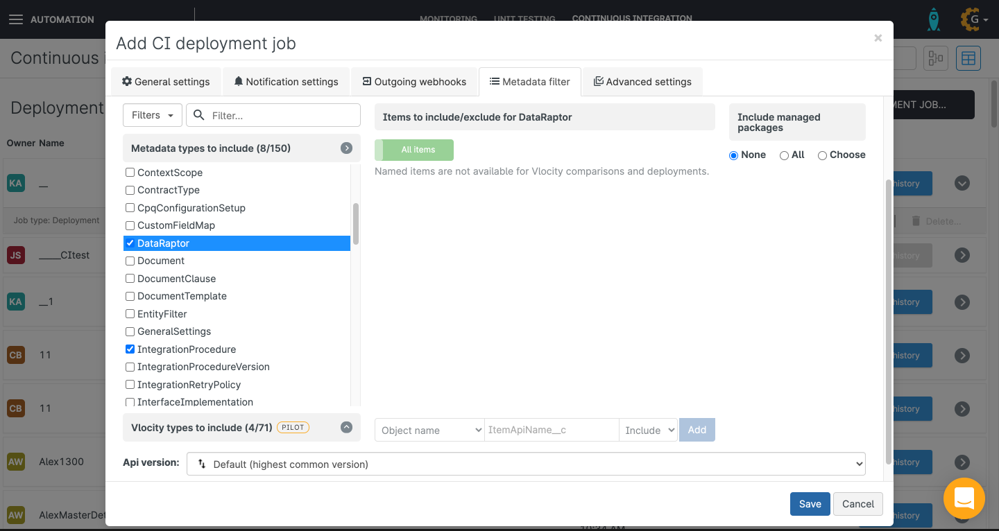 Select the metadata and Vlocity types to include in the continuous integration job