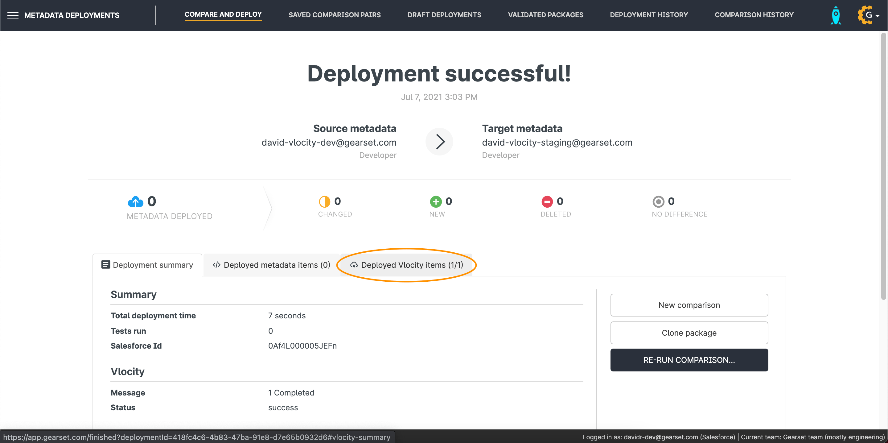 Gearset's deployment success page