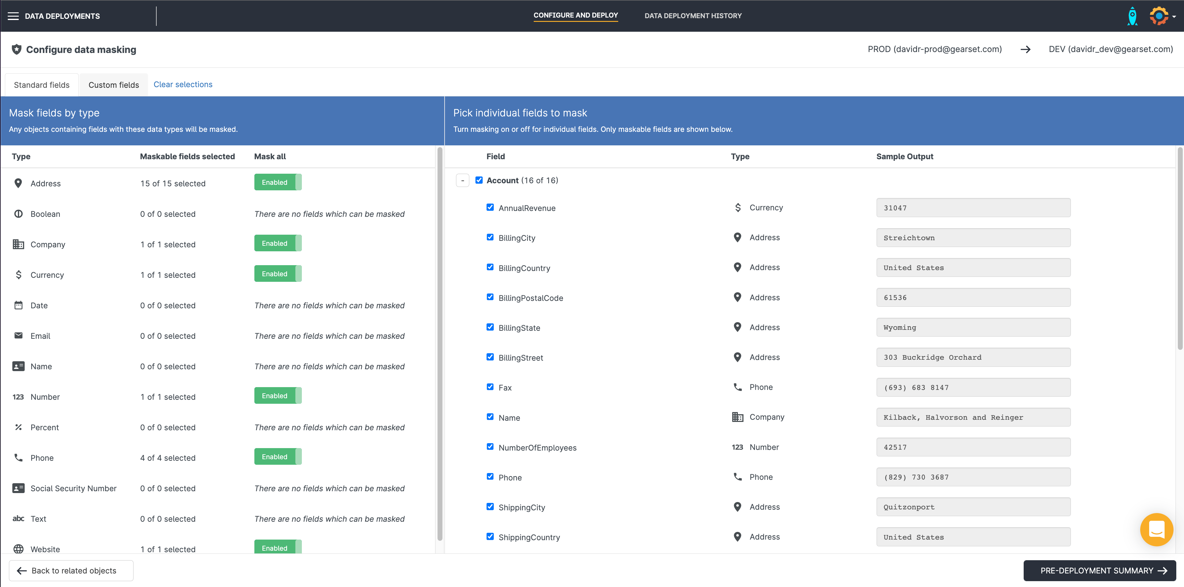 Gearset screenshot: masking Salesforce data deployed to a testing environment