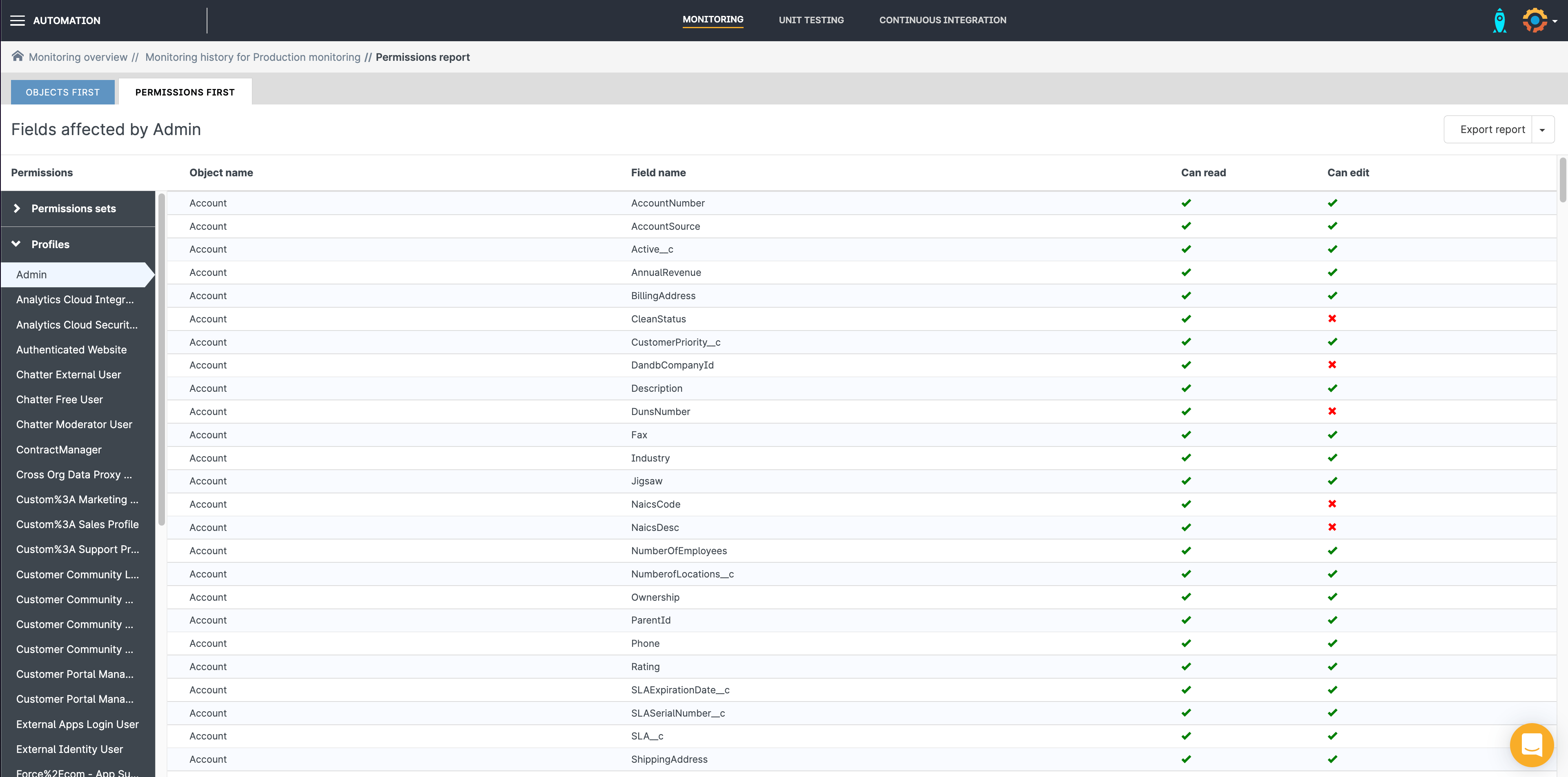 Gearset screenshot: keeping track of profiles and permissions