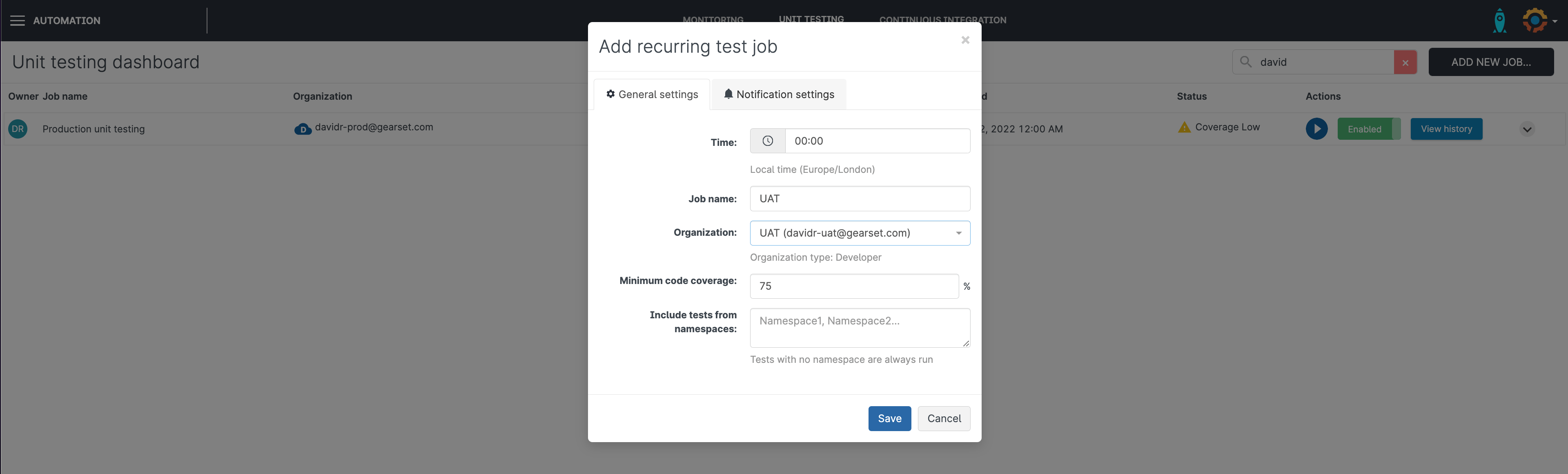 Gearset screenshot: setting up automated unit testing for Salesforce