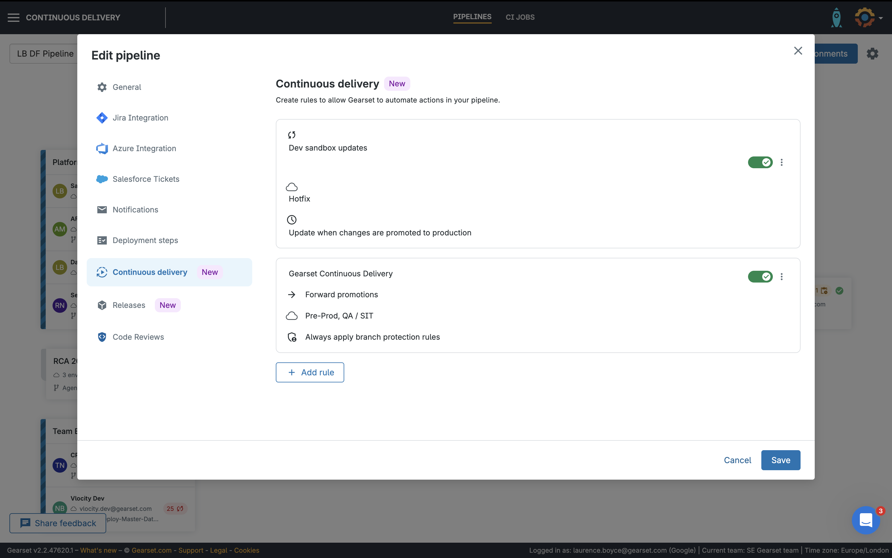 Continuous Delivery Rules gives you control over the conditions every change must meet before it can progress.