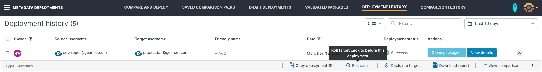 Screenshot of Gearset's deployment history page