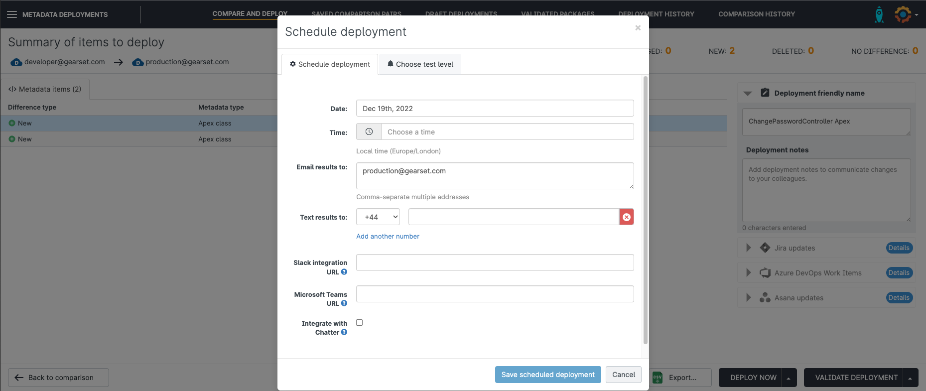 Screenshot of scheduling a deployment