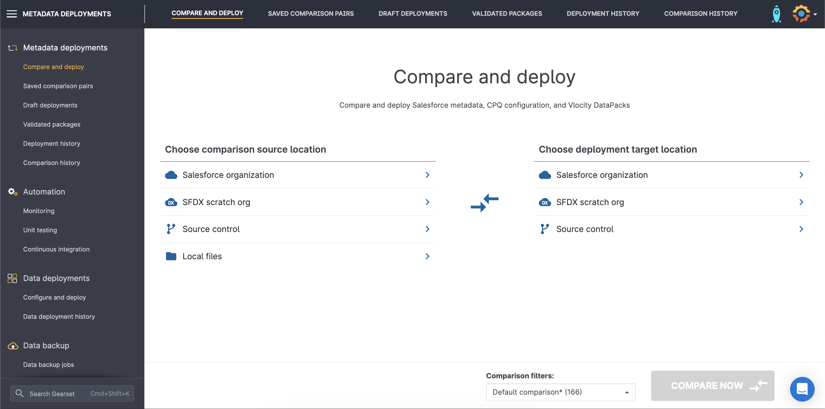 Gearset screenshot: Compare and deploy page showing source control
