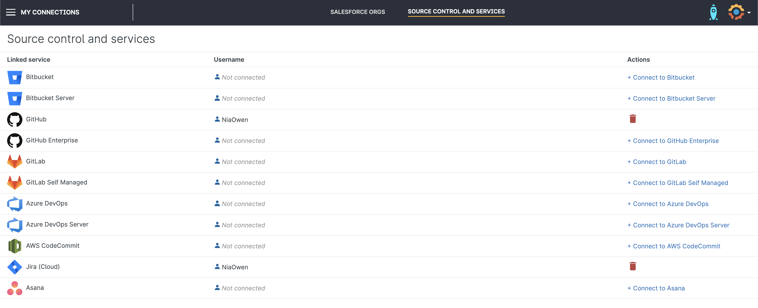 Gearset screenshot: Git-hosting provider integrations