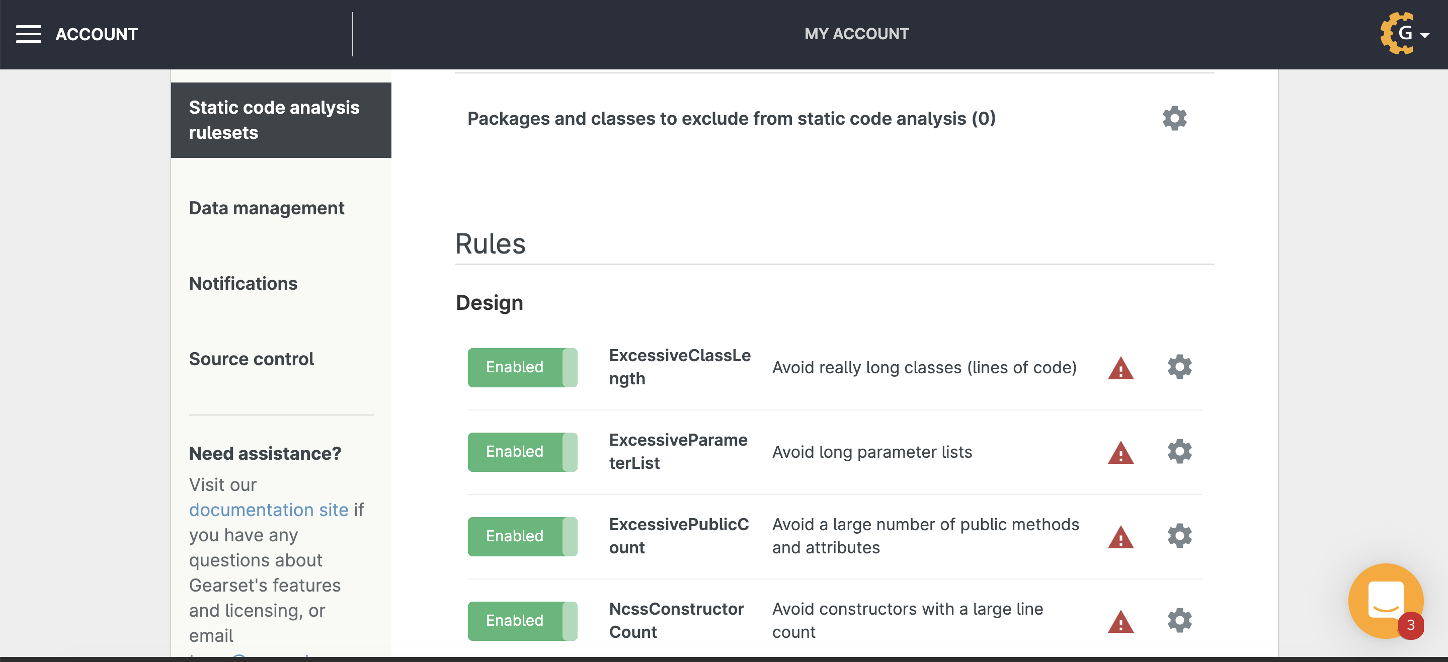 Static code analysis rulesets on the Account page in Gearset
