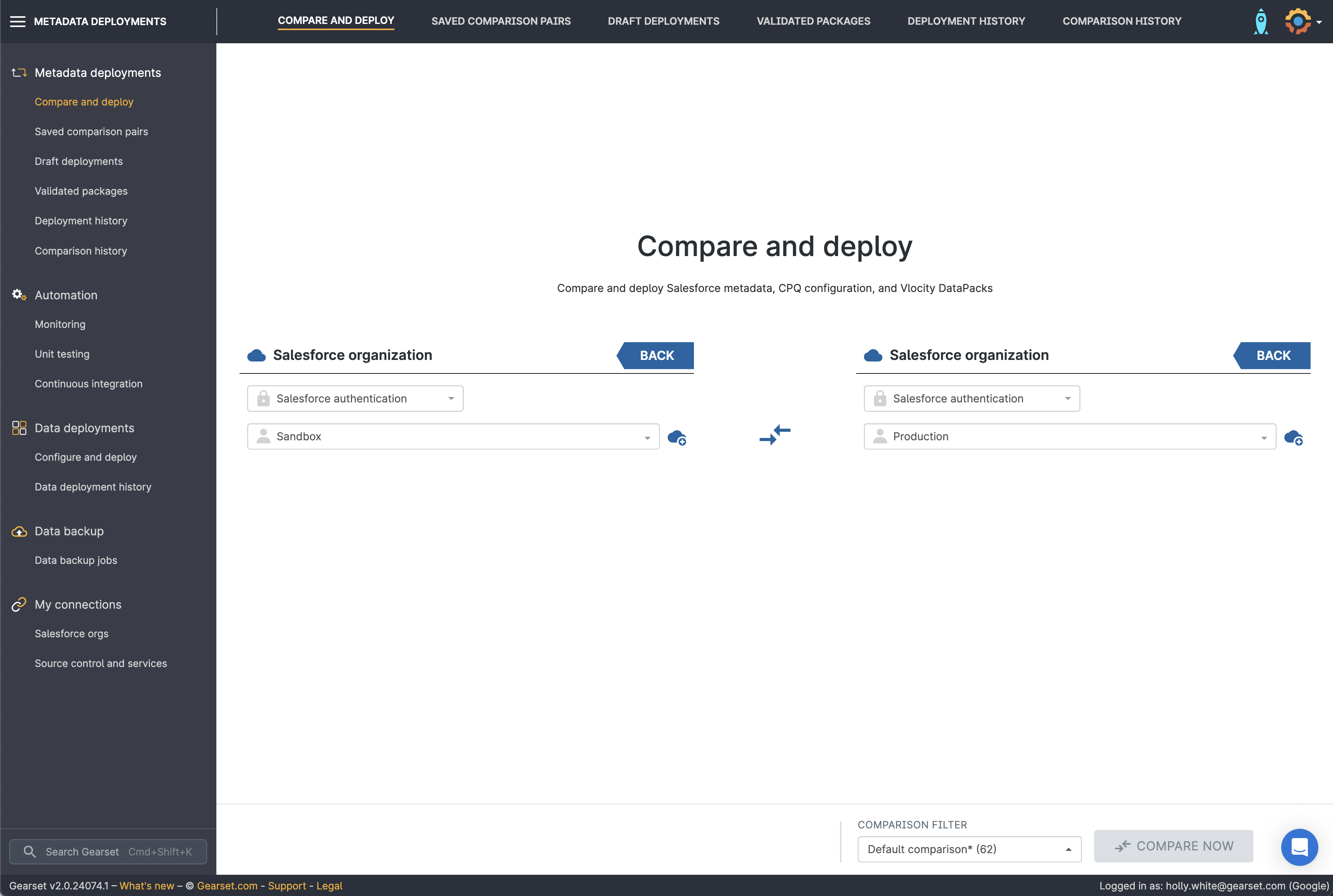 Select your comparison orgs on Gearset’s compare and deploy landing page