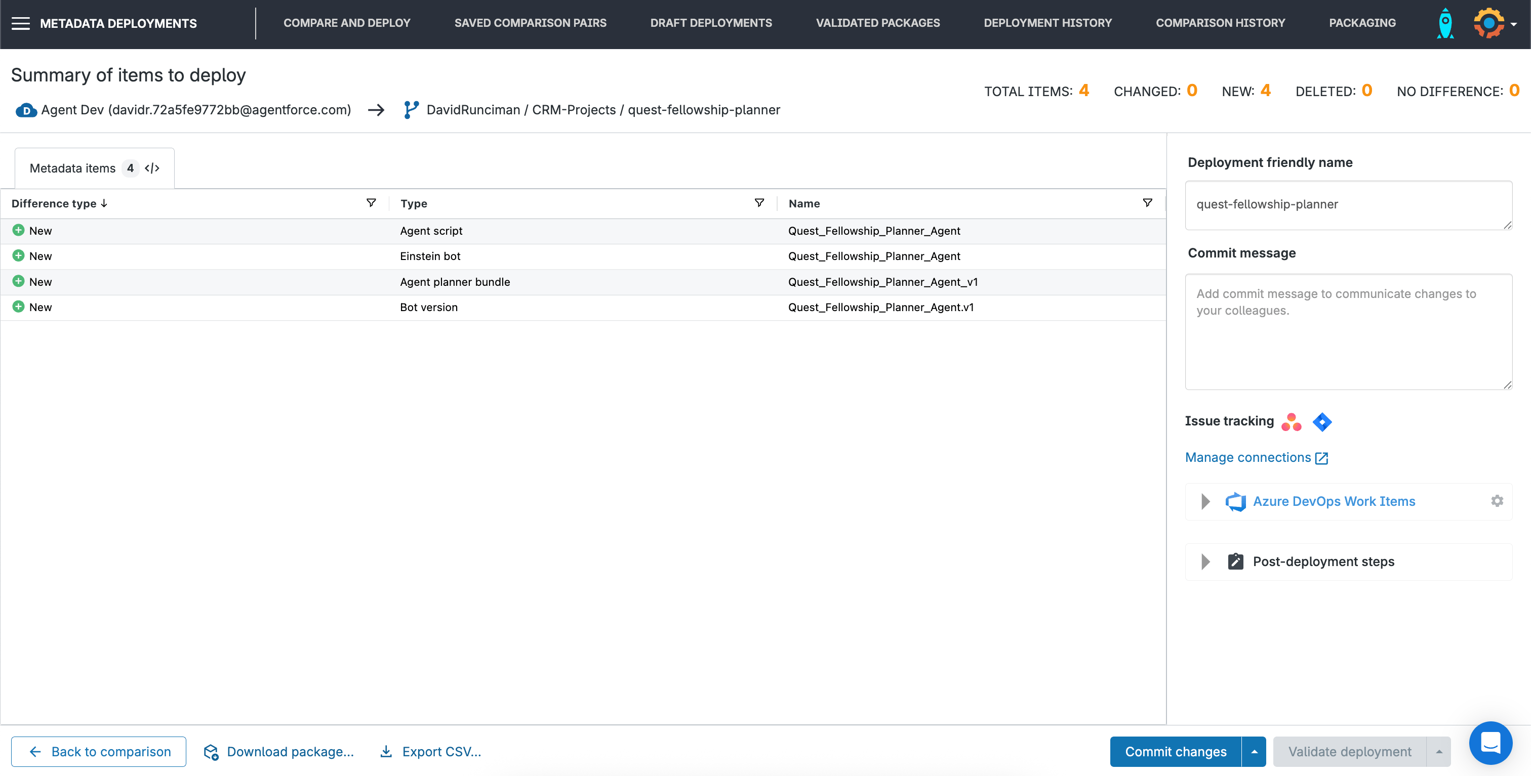 Gearset deployment summary page showing options to deploy or commit Agent Script changes
