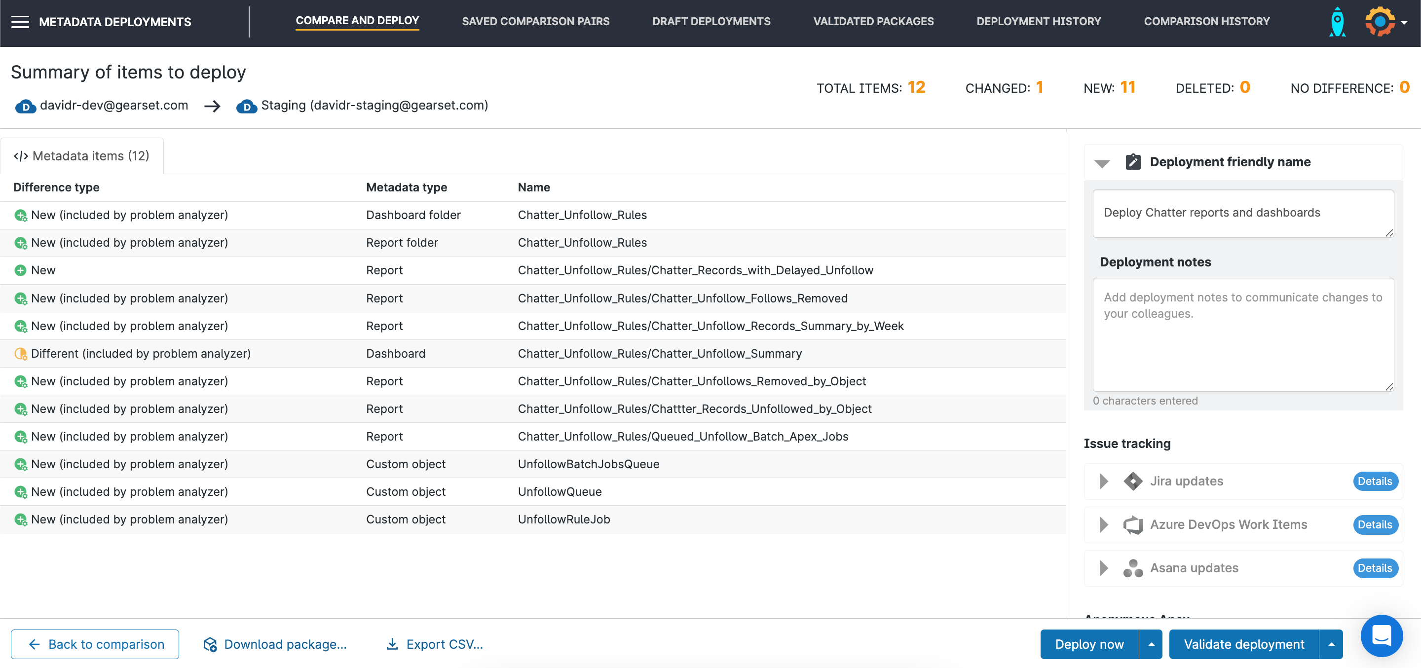 Screenshot of Gearset’s summary of the items included in this deployment, which allows you to check your package for a final time.