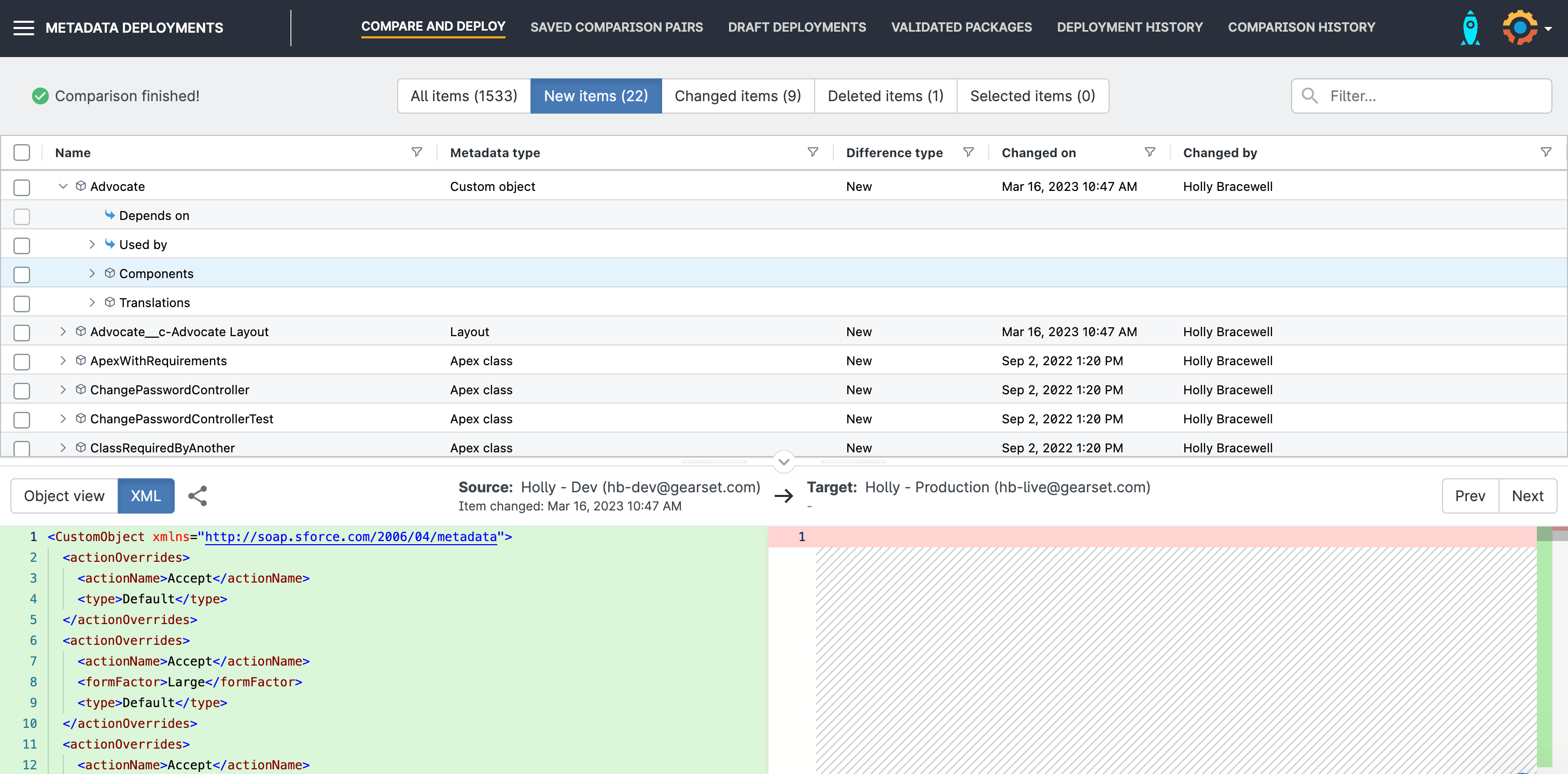 Gearset’s intuitive UI that highlights metadata differences between a source and target environment