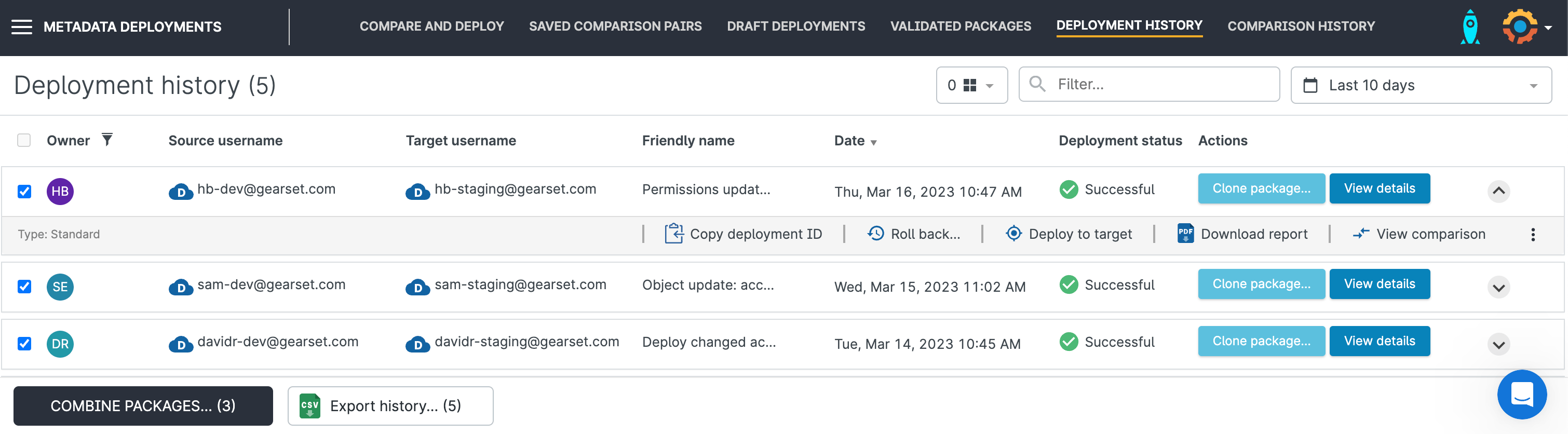 You can clone, combine or re-deploy packages from the deployment history page