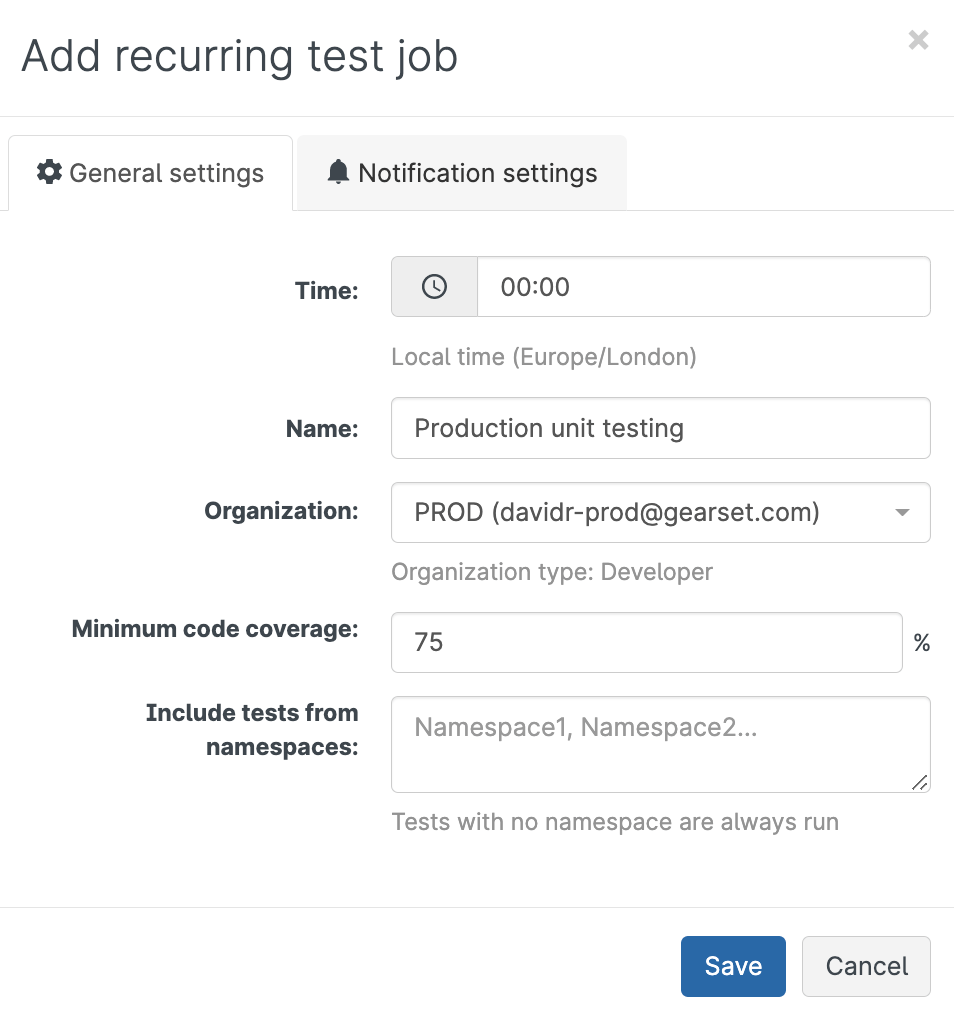Gearset's UI for creating a new unit testing job