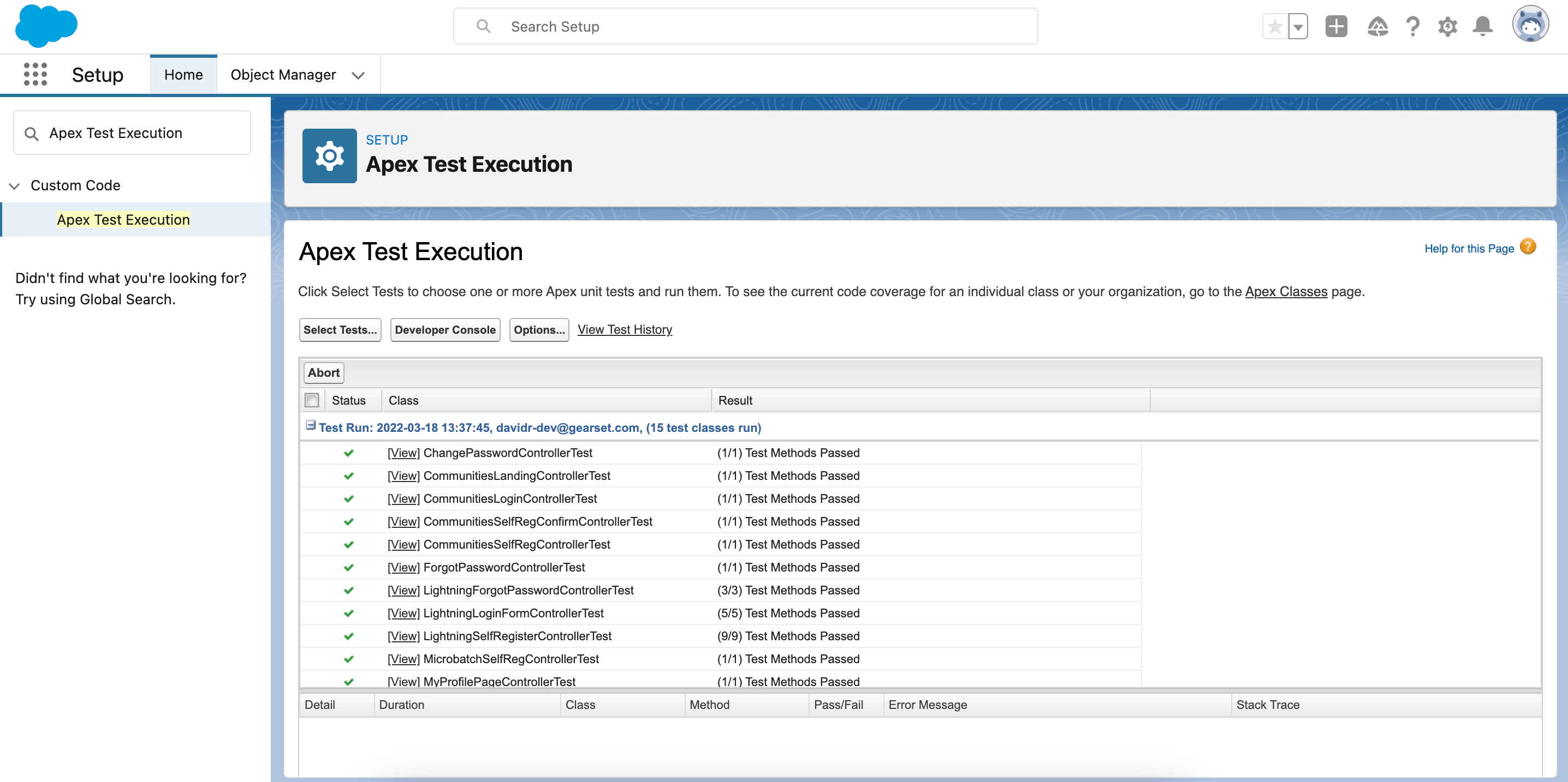 Salesforce's Apex Test Execution page