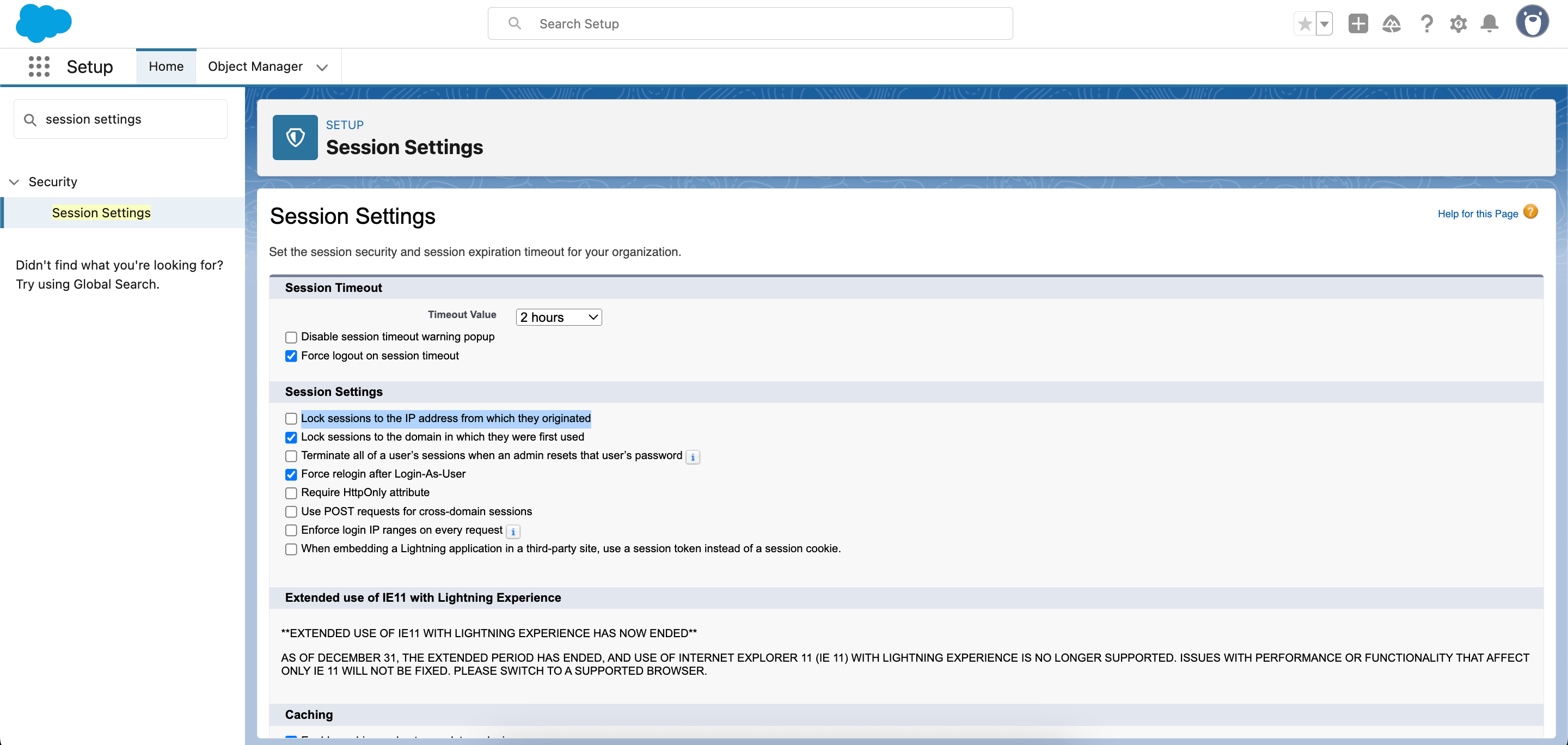 Verifying that the checkbox for “Lock sessions to the IP from which they were originated” is unchecked from the Session Settings section