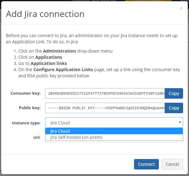 Choose your Jira instance type from the dropdown menu