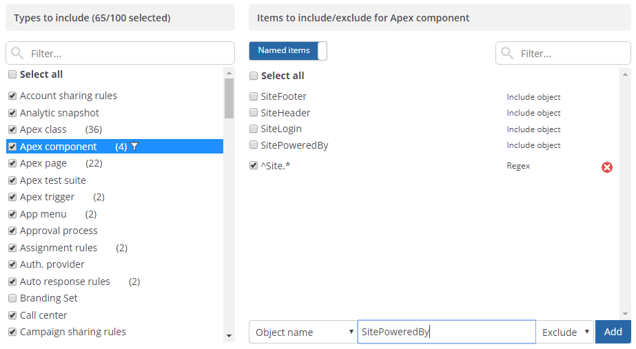 Switch to Exclude in the dropdown and type in the name of the object you'd like to omit.