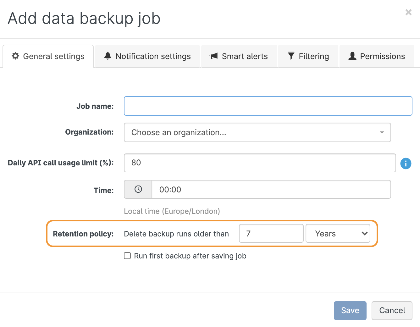 Gearset's UI for creating a backup job