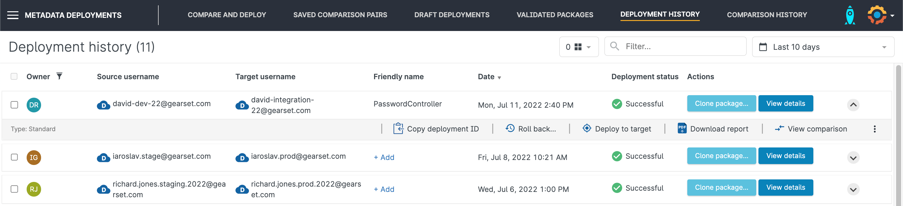 Pick a deployment to roll back from Gearset’s deployment history page