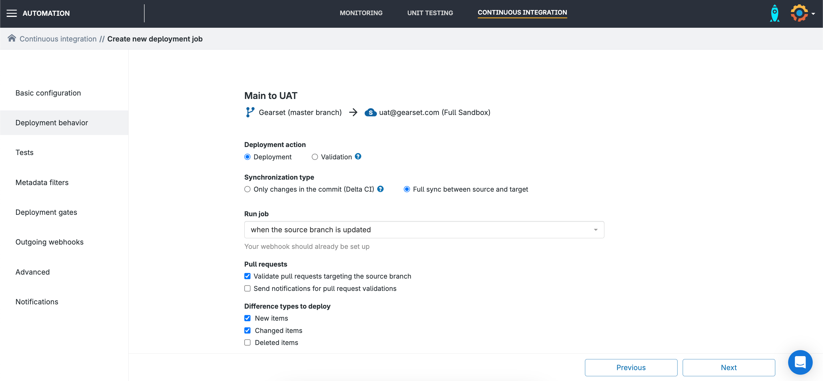 Screenshot of Gearset automation options