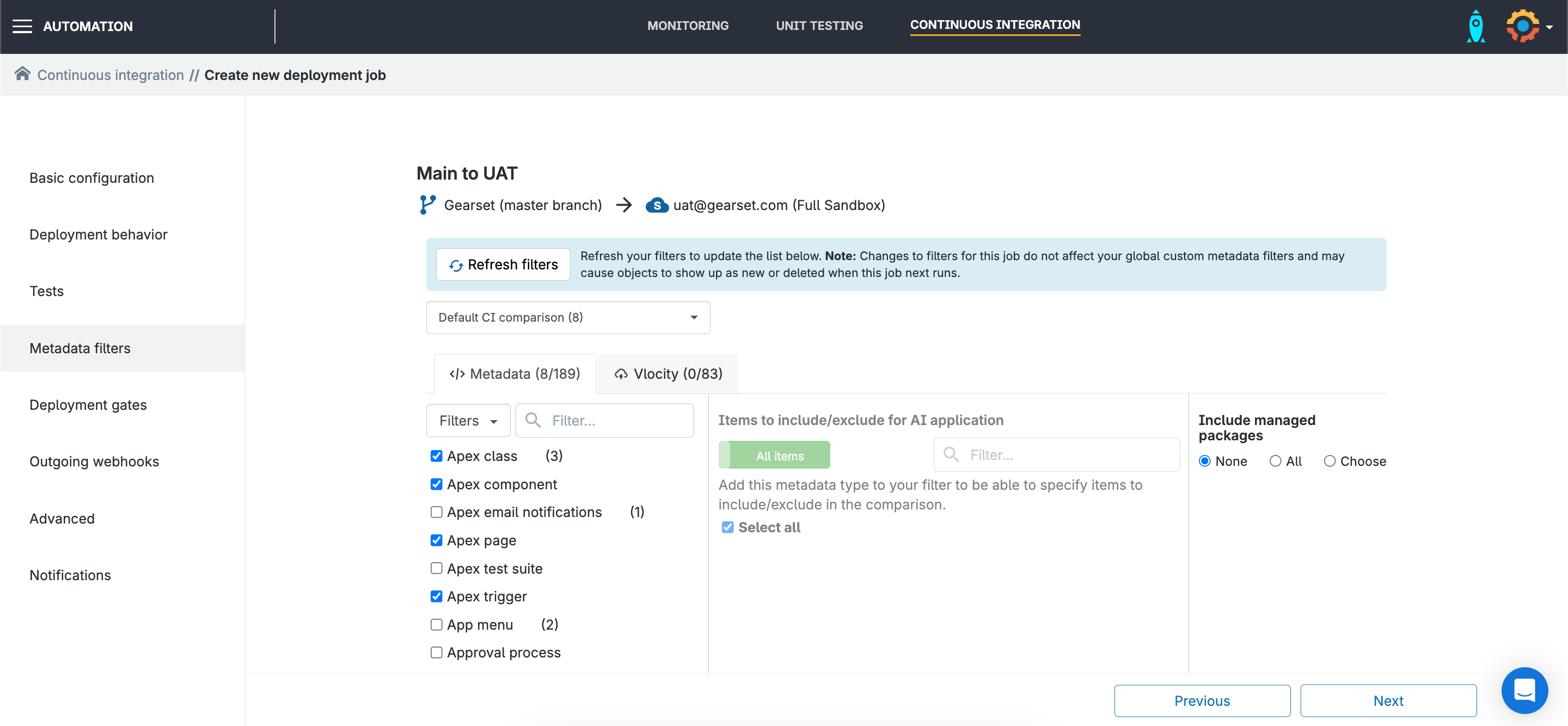 Screenshot of Gearset’s Salesforce metadata filter