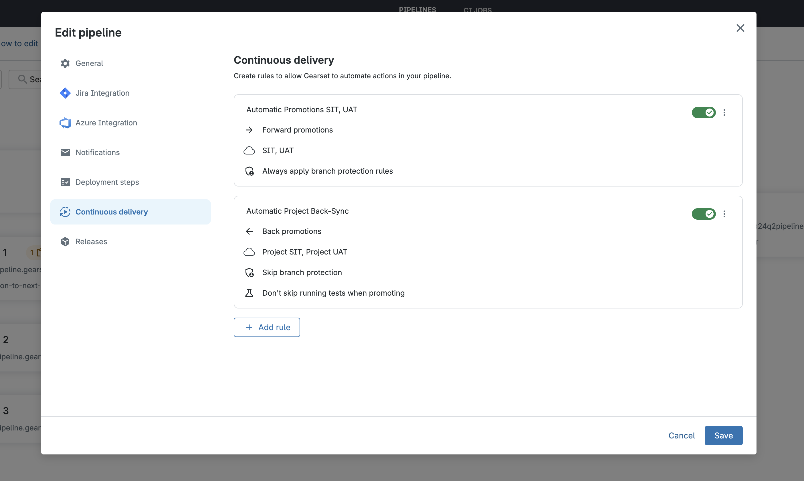 Gearset Pipelines showing Continuous Delivery Rules automating promotions once validations, tests, and approvals are complete.