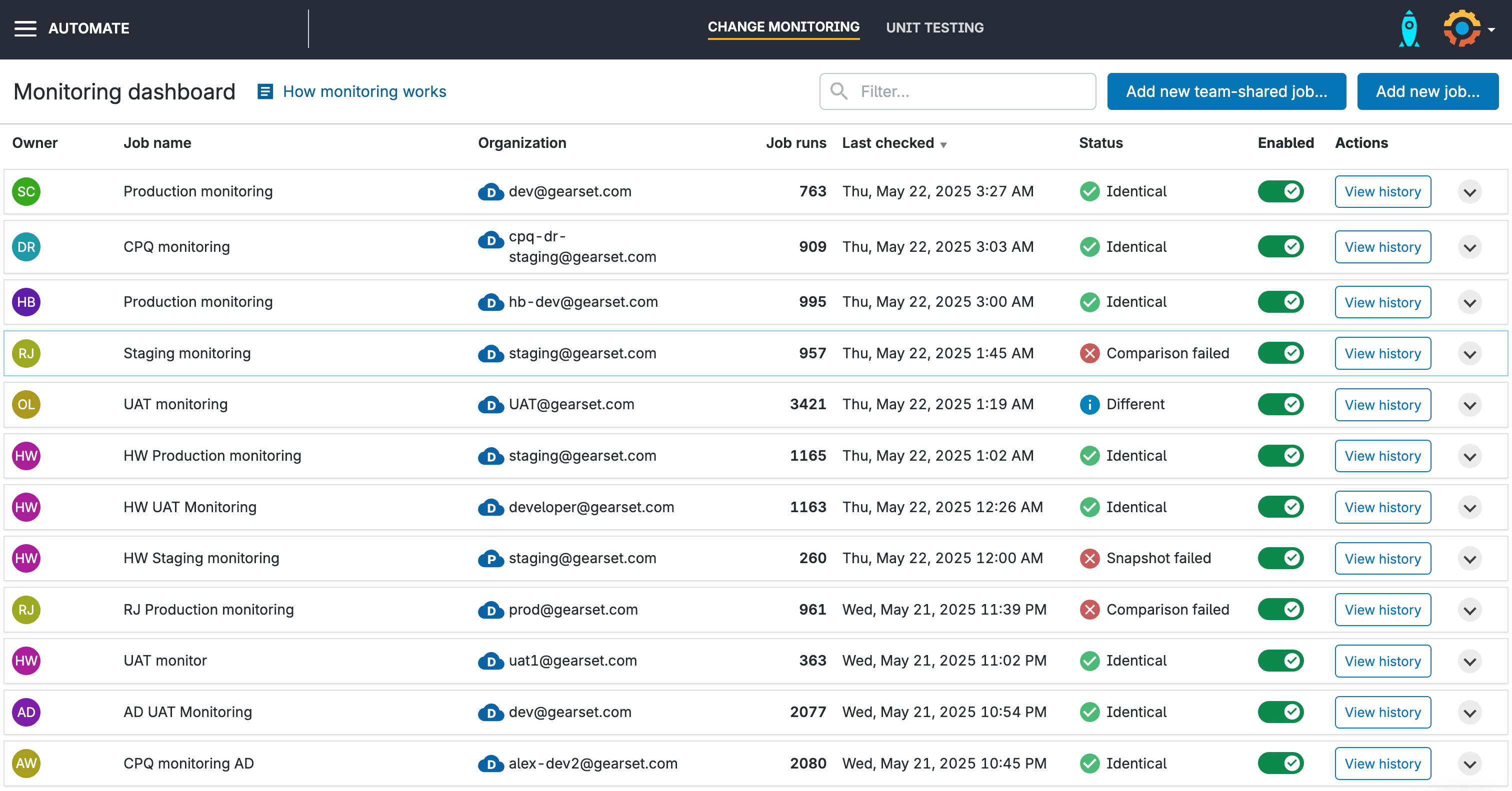 The monitoring dashboard lists all change monitoring jobs