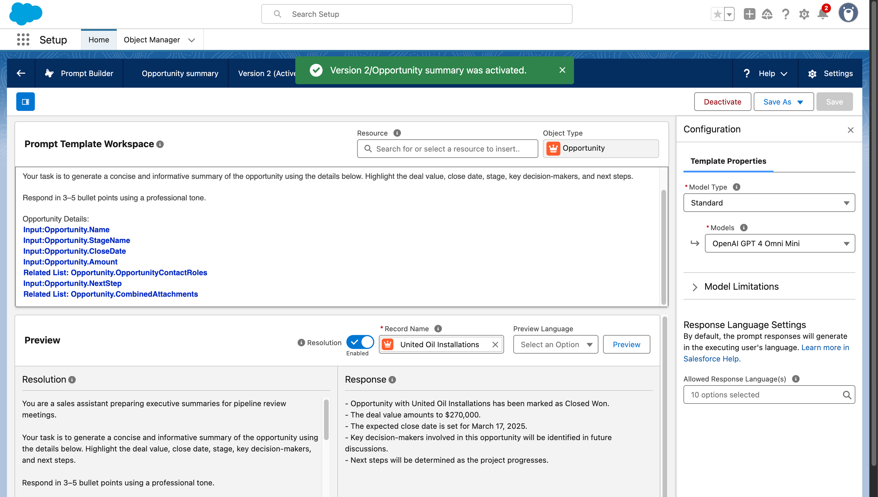 Activate your prompt to set it live in your org