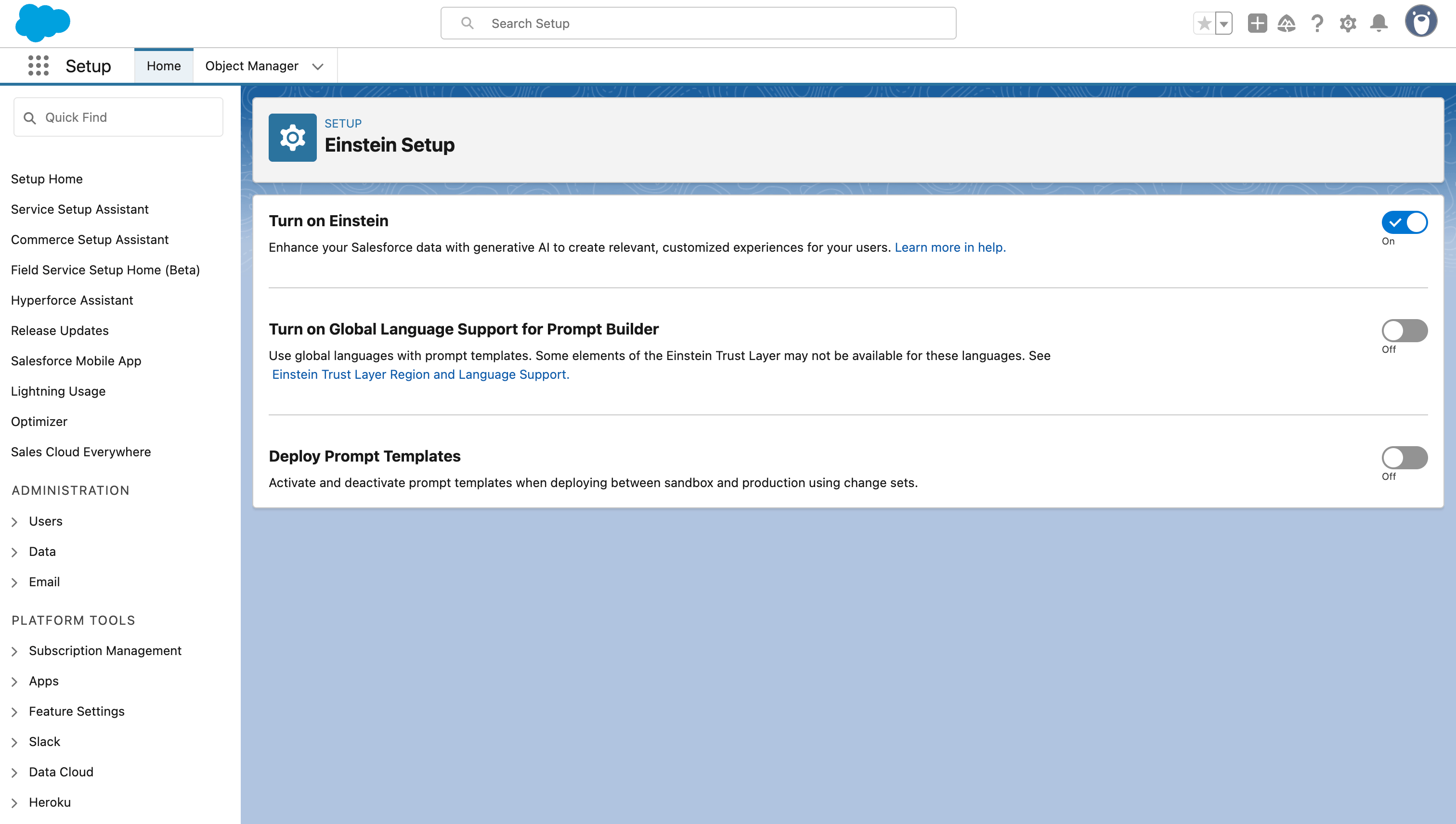 Enable Einstein in Salesforce to start using Prompt Builder