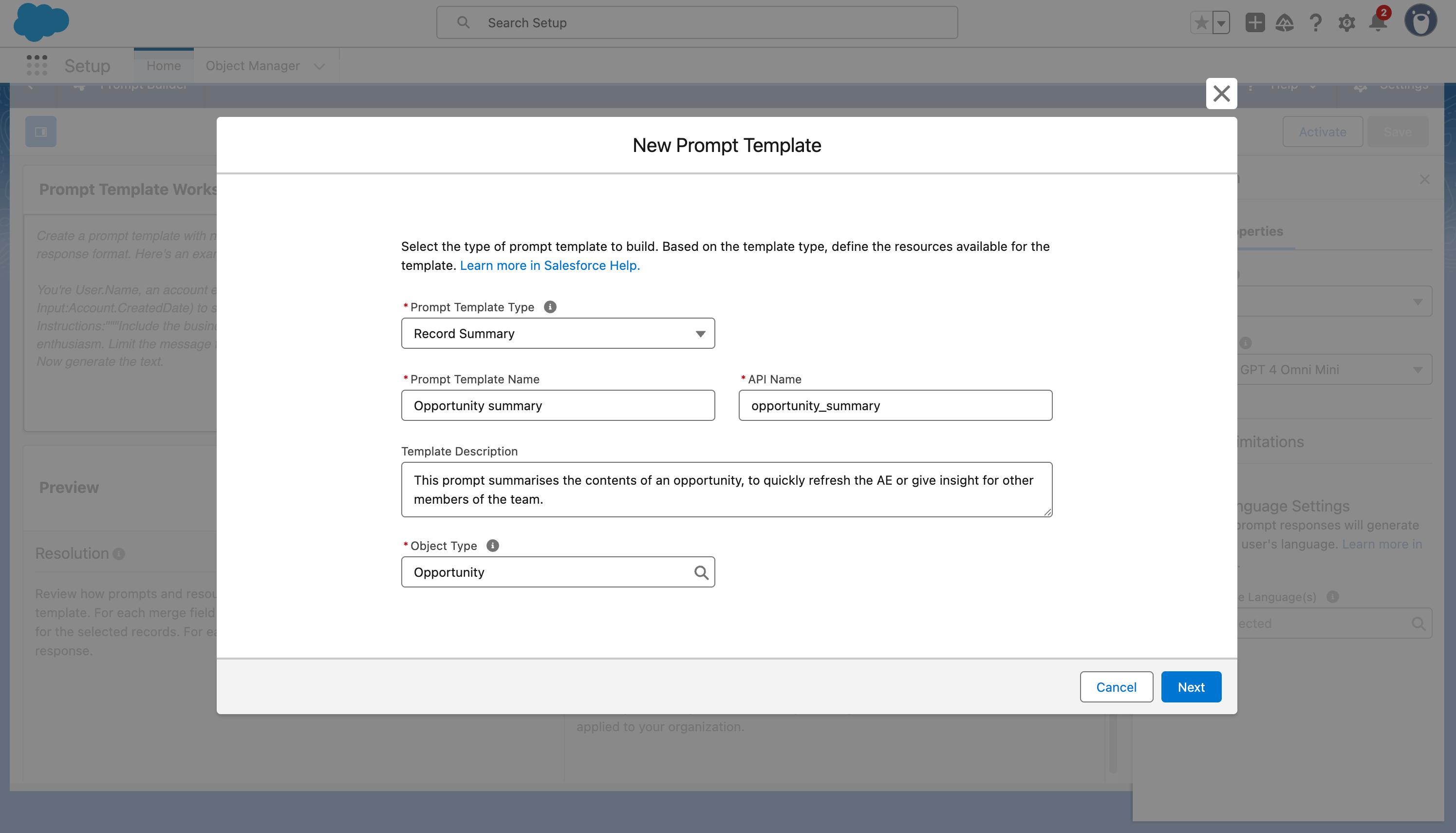 Fill out the details for the new prompt template
