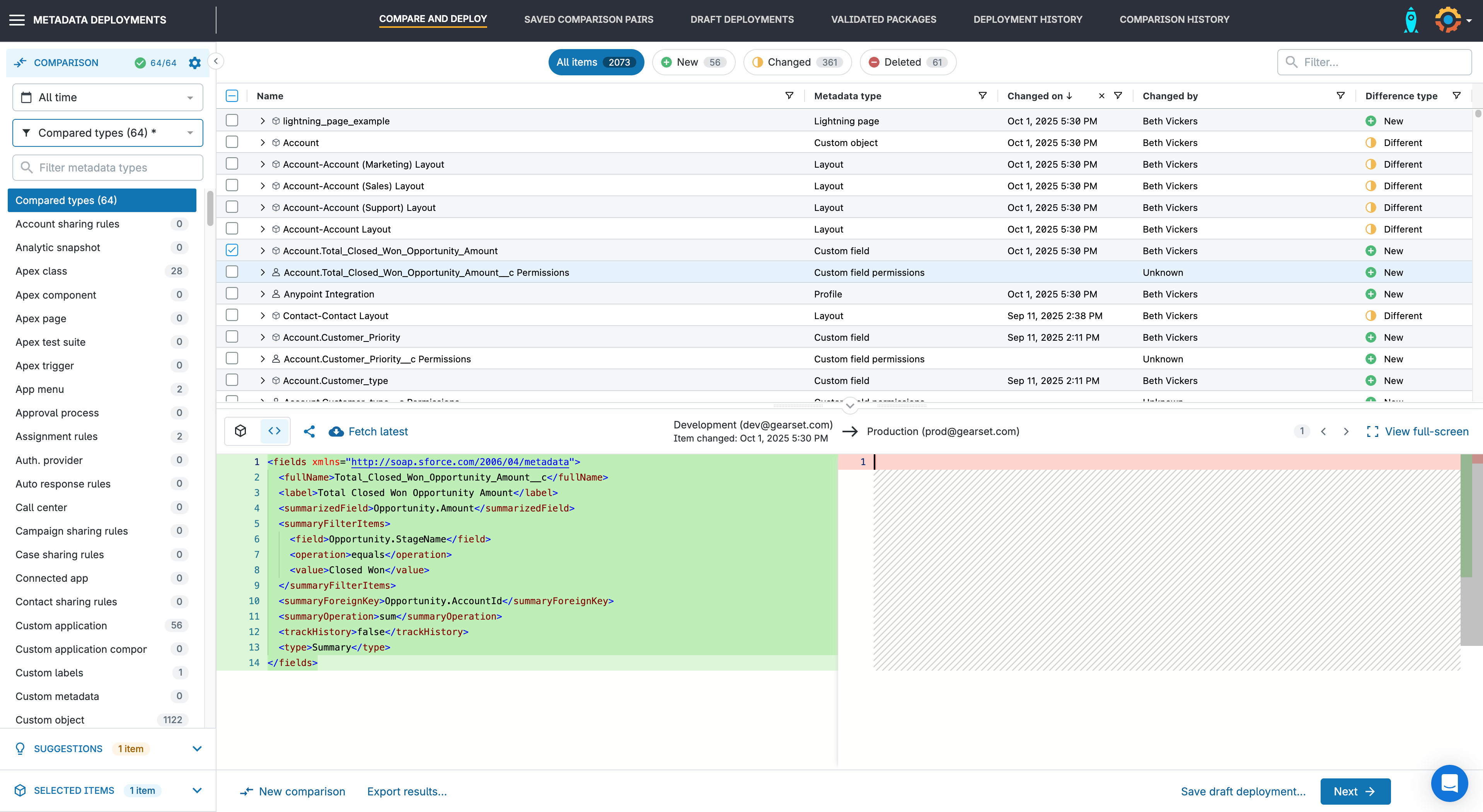 A screenshot showing the UI of the Gearset app, here you filter and select the metadata you want to include in your deployment
