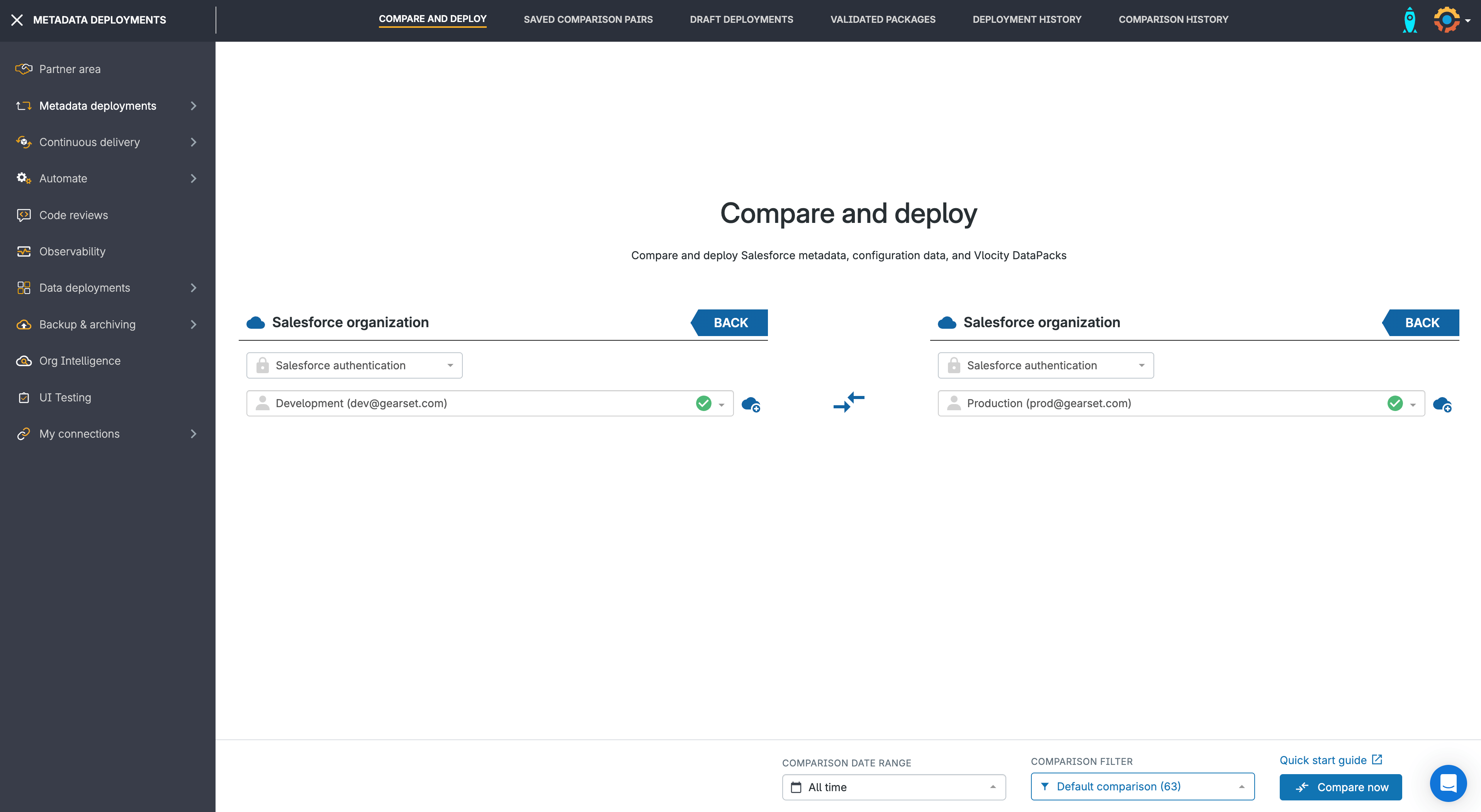 A screenshot showing the UI of the Gearset app, in this screen you select and connect your source and target orgs