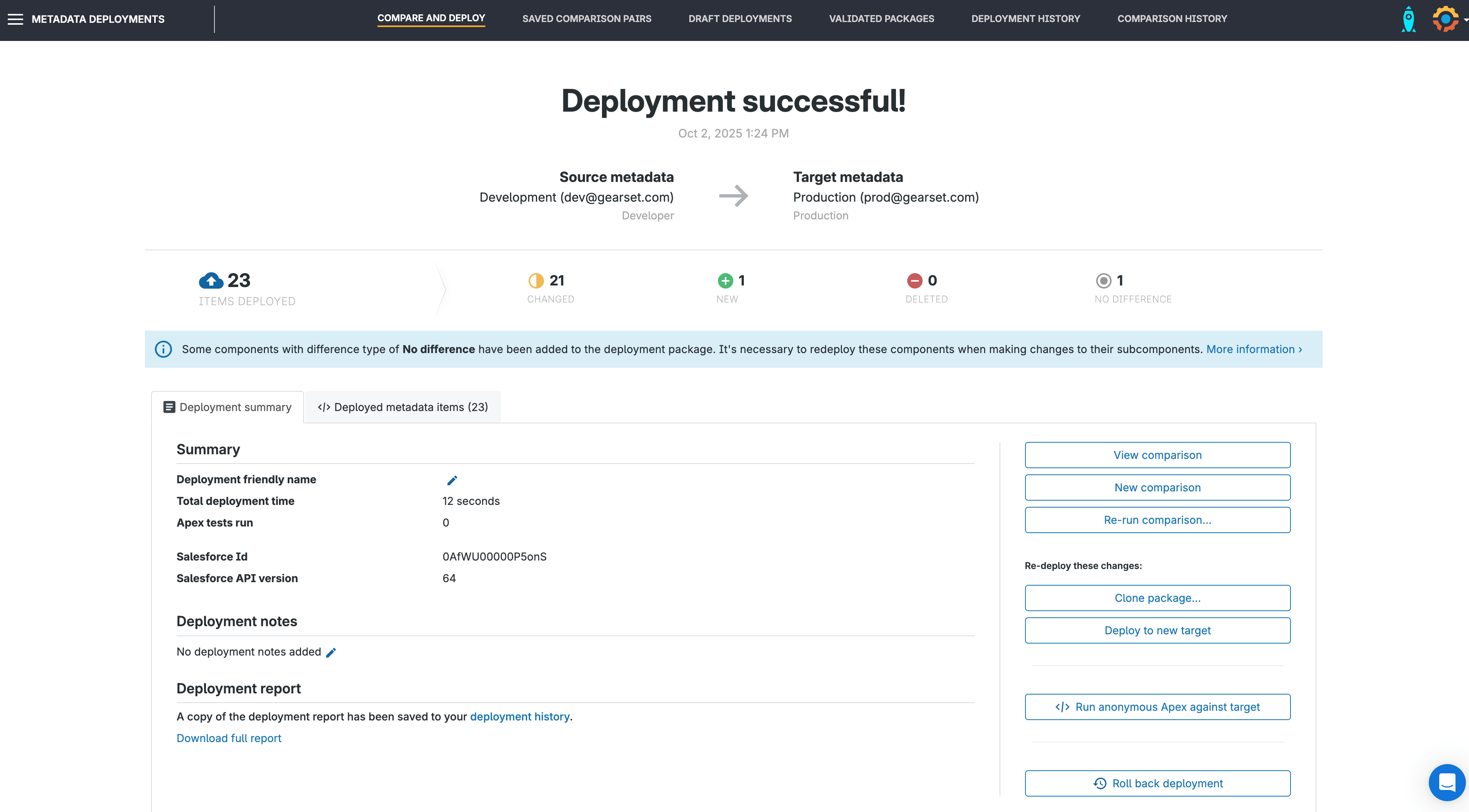 A screenshot showing the screen layout for a successful deployment in Gearset