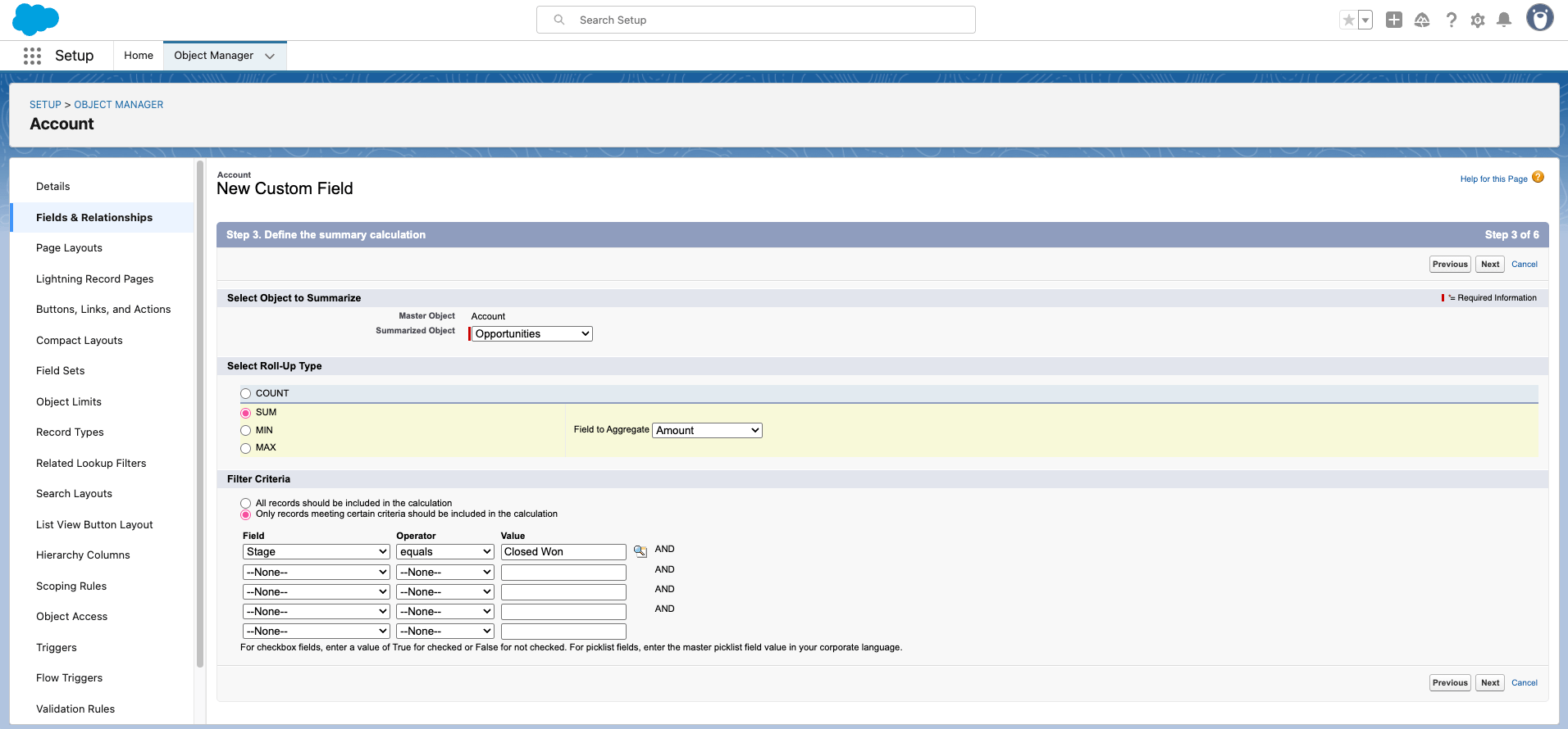 A screenshot showing the screen layout when adding a new roll-up summary field to the parent object in Salesforce Setup
