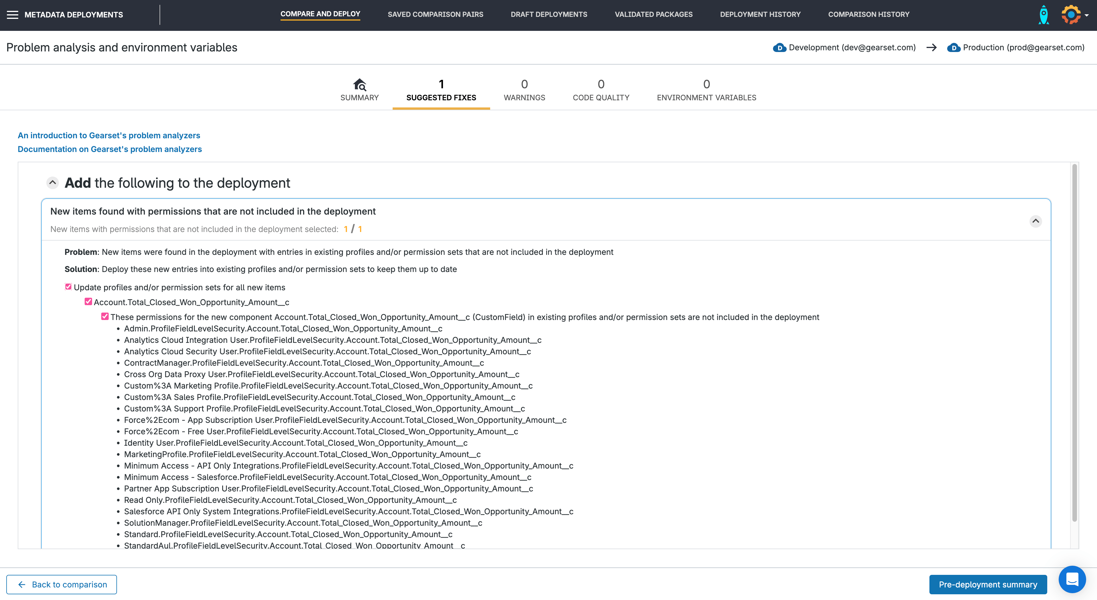 A screenshot showing the result of Gearset's problem analysis