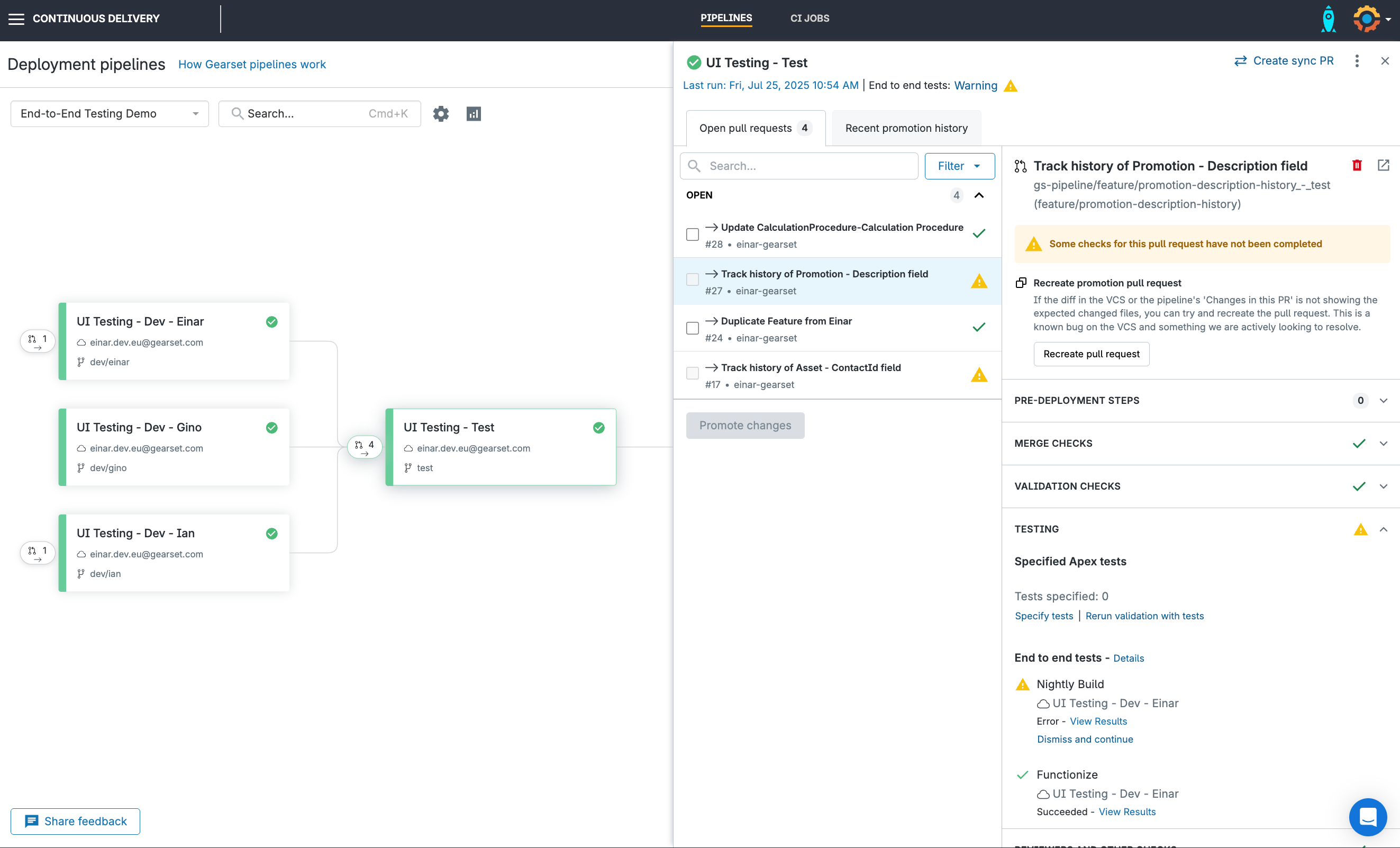 A screenshot showing UI test results surfaced directly in Gearset’s Pipelines and CI dashboard, giving you full visibility without switching between tools.